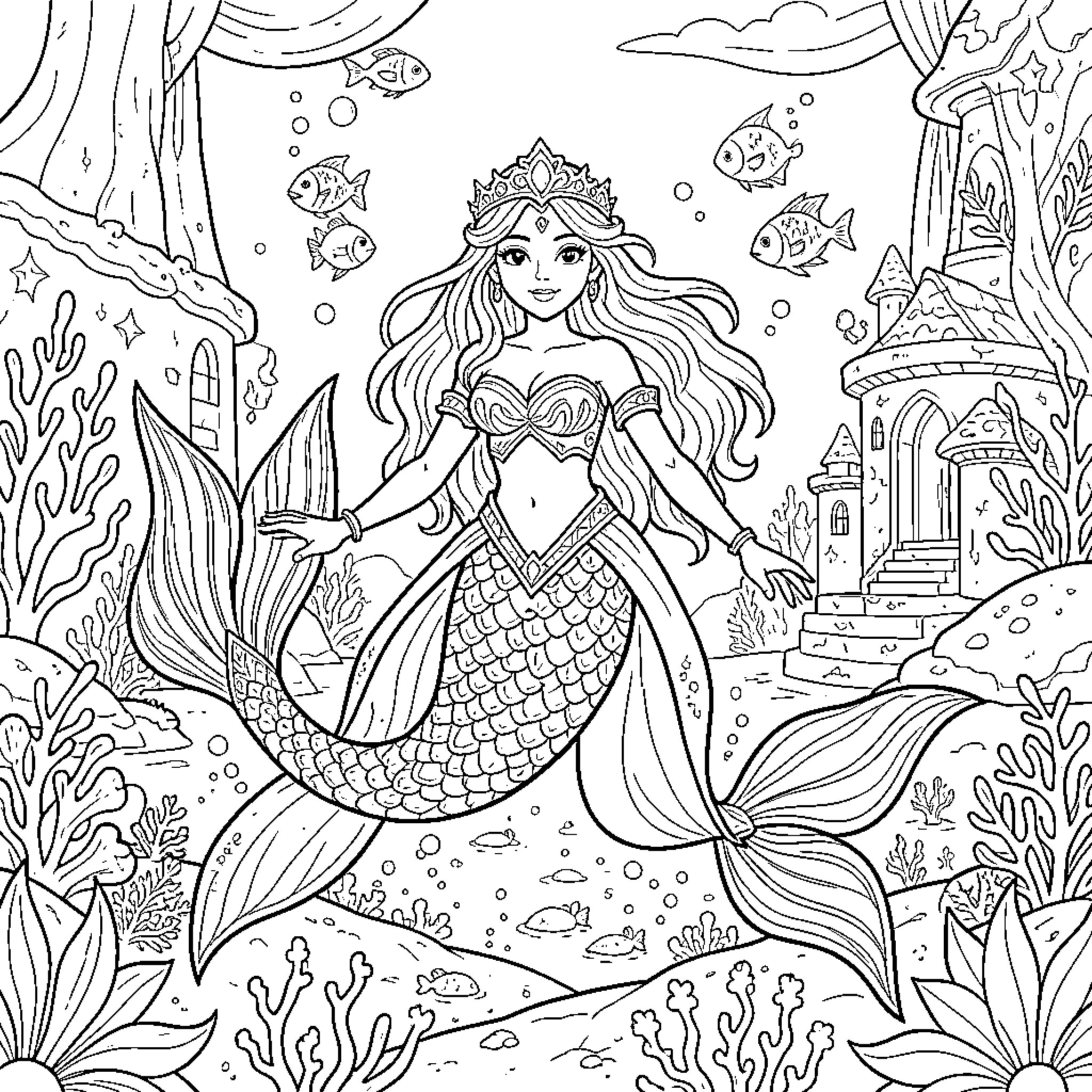 Mermaid enchanting underwater world with crown and flowing hair Coloring Page (free black-and-white line drawing printable PDF for all, from beginners to advanced learners, including children, teens, adults, and seniors)