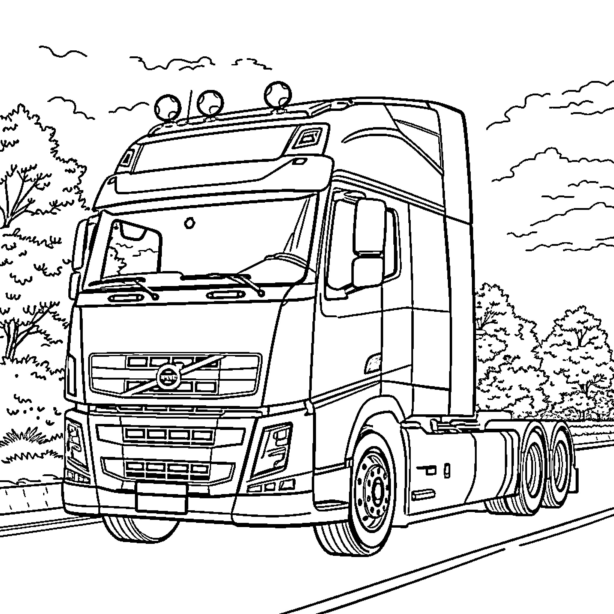 Truck driving on the road through nature Coloring Page (free black-and-white line drawing printable PDF for all, from beginners to advanced learners, including children, teens, adults, and seniors)