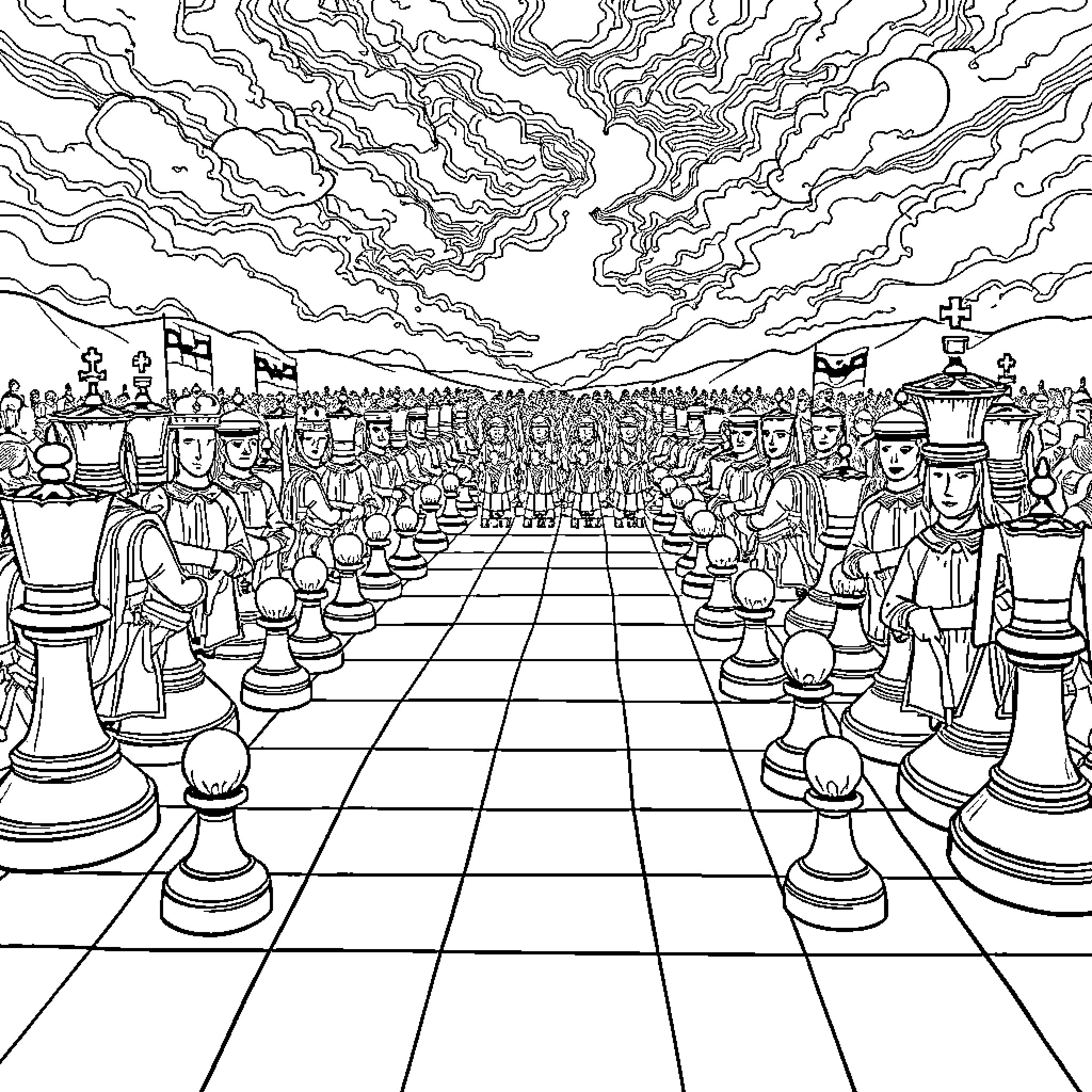 Chess Battle of Strategic Figures Coloring Page (free black-and-white line drawing printable PDF for all, from beginners to advanced learners, including children, teens, adults, and seniors)