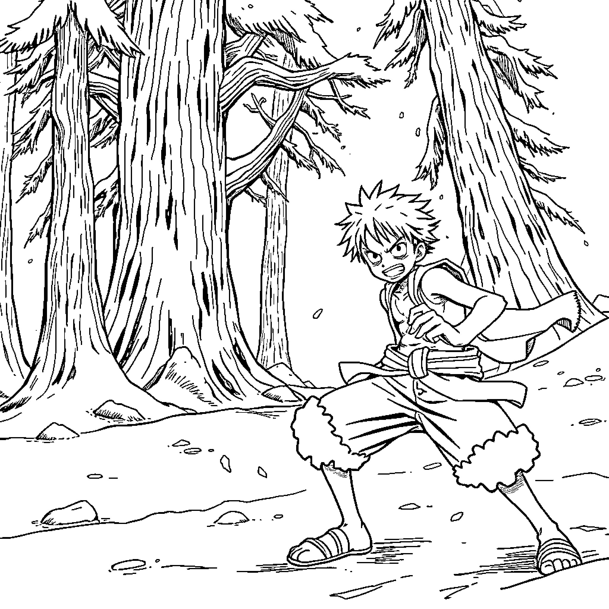 Luffy's Adventure in the Mysterious Forest Coloring Page (free black-and-white line drawing printable PDF for all, from beginners to advanced learners, including children, teens, adults, and seniors)
