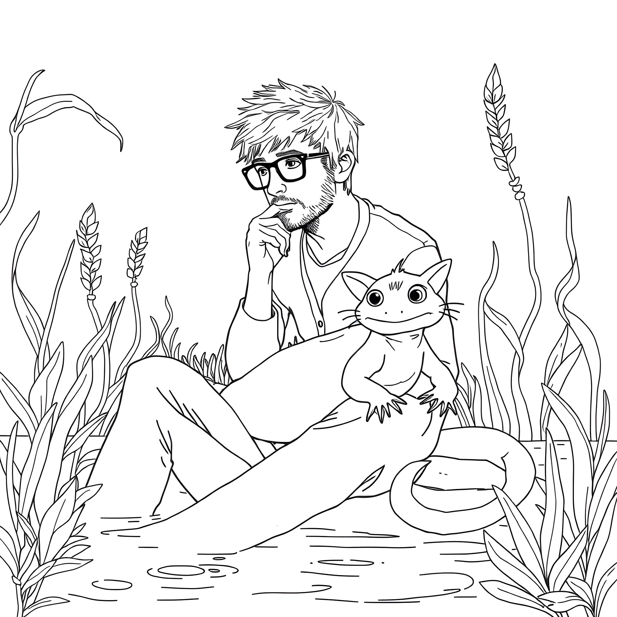 Axolotl and Companion Relaxing in Nature Coloring Page (free black-and-white line drawing printable PDF for all, from beginners to advanced learners, including children, teens, adults, and seniors)
