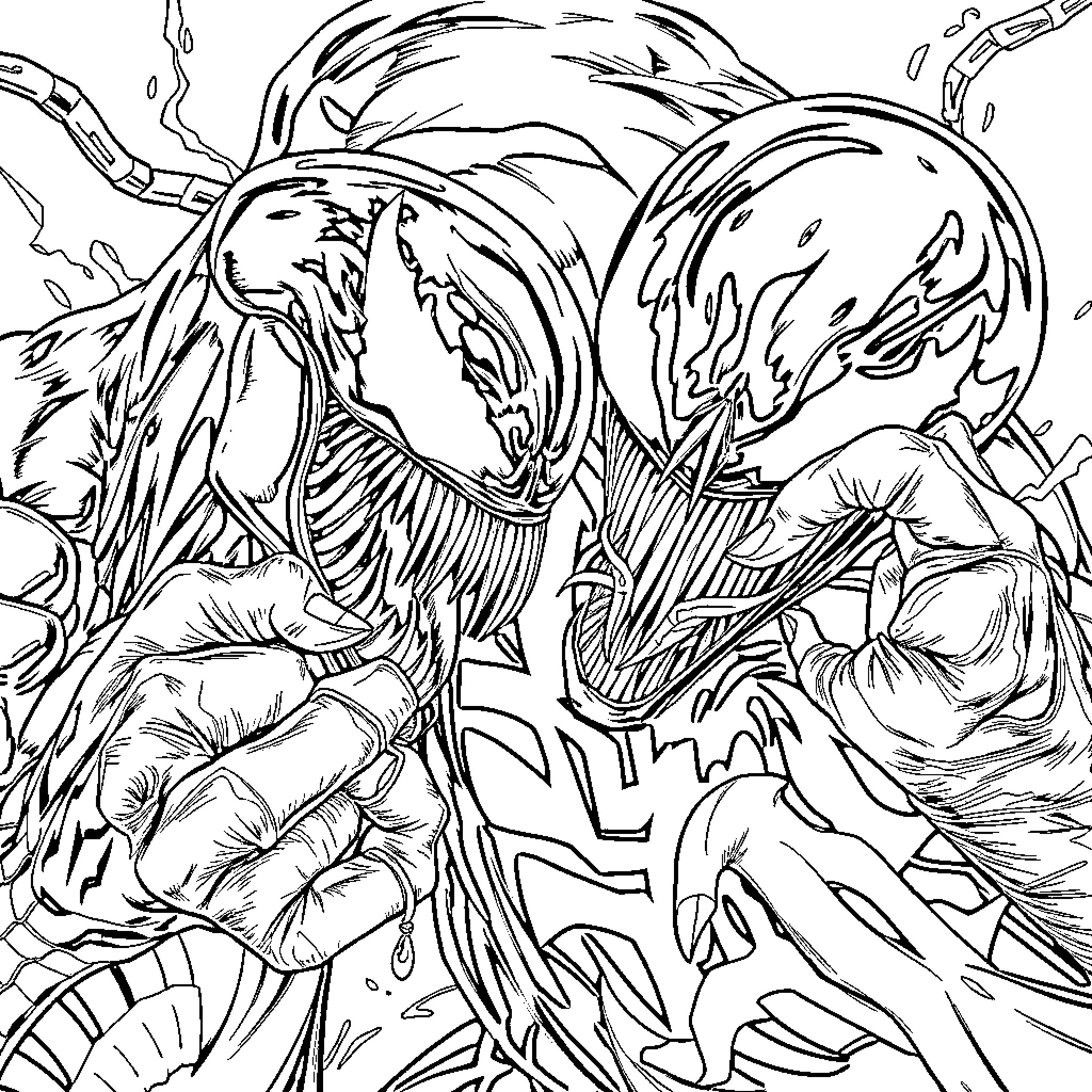 Wolverine in intense battle with monstrous creature Coloring Page (free black-and-white line drawing printable PDF for all, from beginners to advanced learners, including children, teens, adults, and seniors)