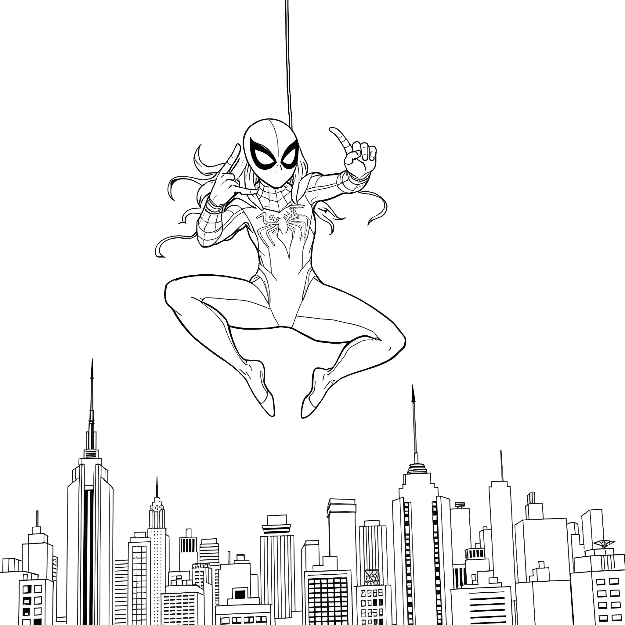 Spider Gwen swinging through the city skyline Coloring Page (free black-and-white line drawing printable PDF for all, from beginners to advanced learners, including children, teens, adults, and seniors)