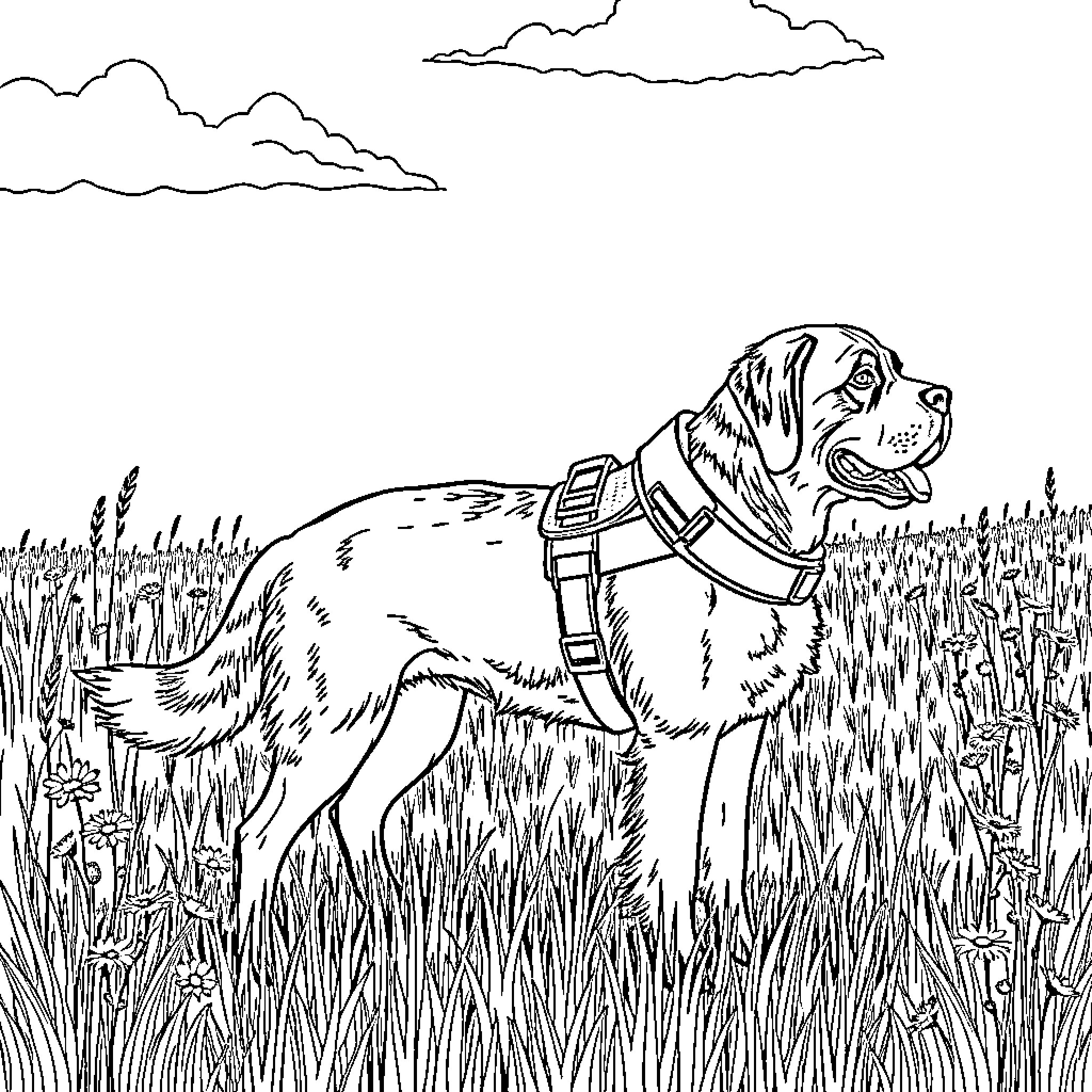 St. Bernard dog exploring the grassy field Coloring Page (free black-and-white line drawing printable PDF for all, from beginners to advanced learners, including children, teens, adults, and seniors)
