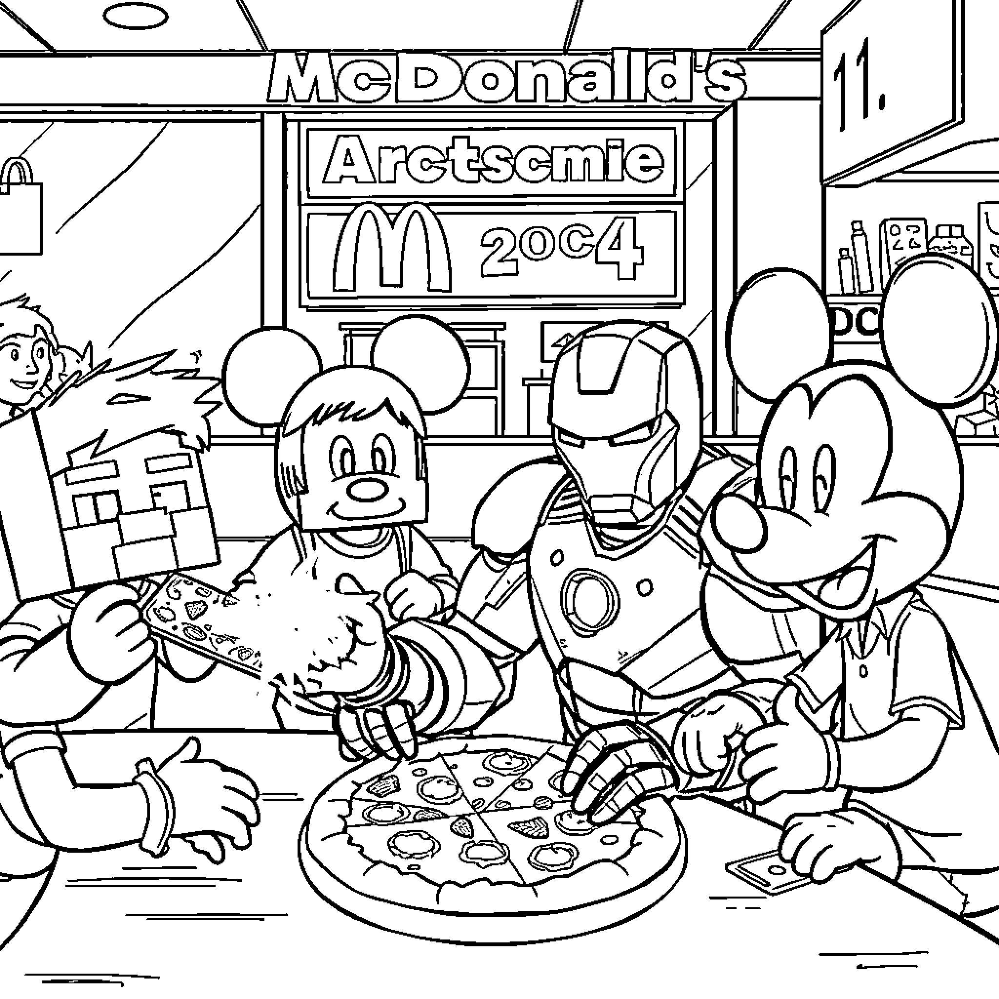Ironman and friends enjoy a pizza at McDonald's Coloring Page (free black-and-white line drawing printable PDF for all, from beginners to advanced learners, including children, teens, adults, and seniors)