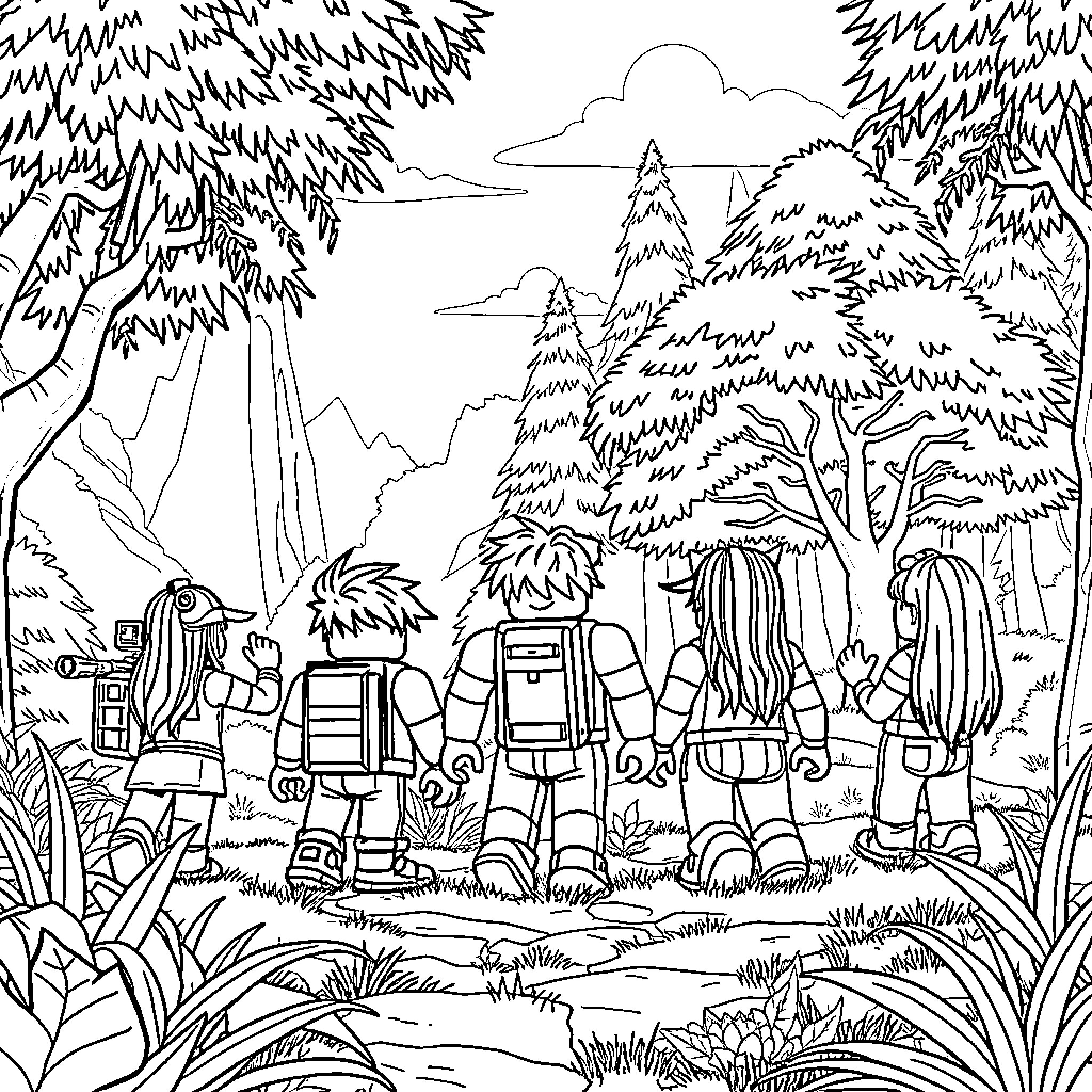 Roblox characters exploring a forested landscape Coloring Page (free black-and-white line drawing printable PDF for all, from beginners to advanced learners, including children, teens, adults, and seniors)