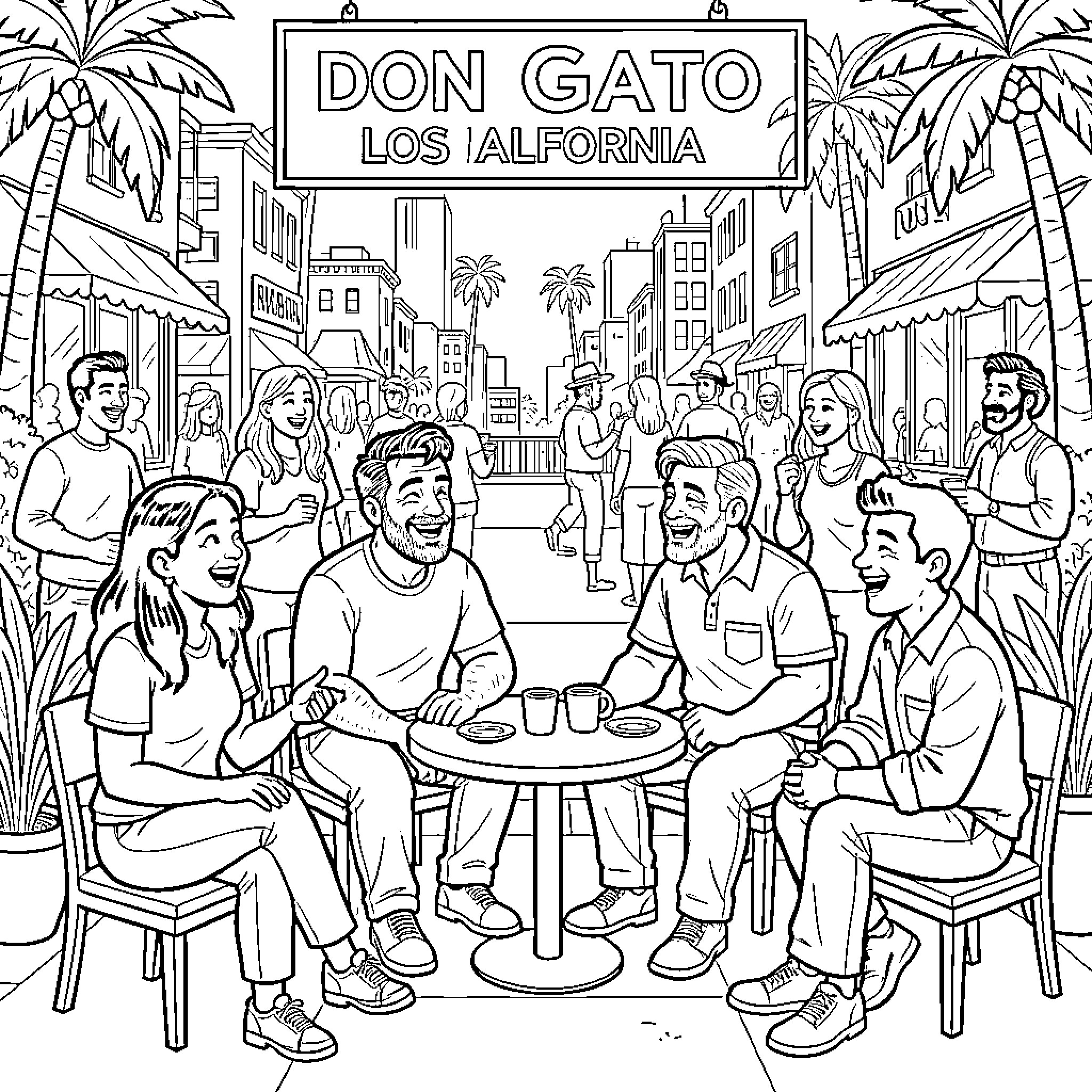 Don Gato friends laughing and chatting at an outdoor cafe Coloring Page (free black-and-white line drawing printable PDF for all, from beginners to advanced learners, including children, teens, adults, and seniors)