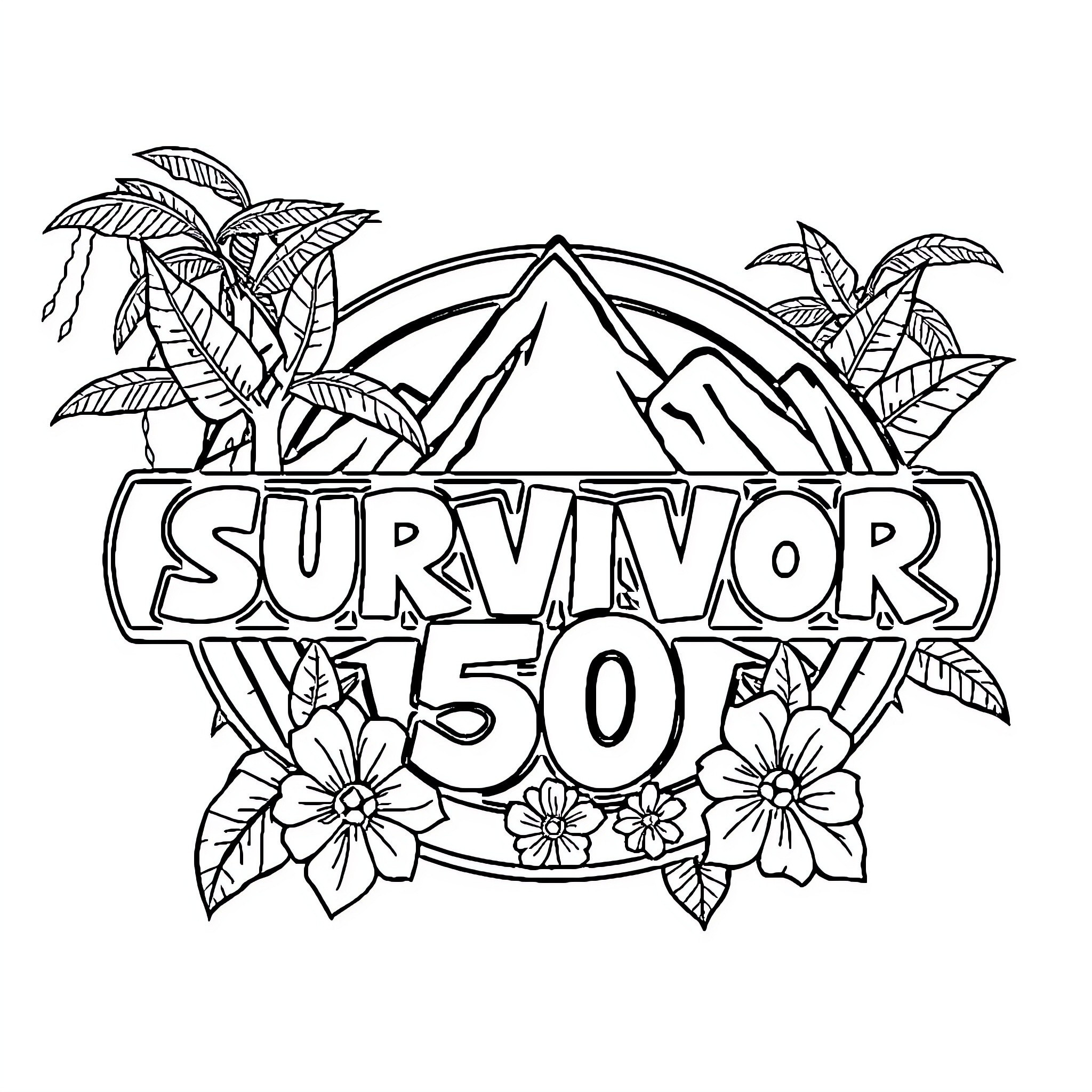 Survivor Logo with Tropical Scenery and Flowers Coloring Page (free black-and-white line drawing printable PDF for all, from beginners to advanced learners, including children, teens, adults, and seniors)