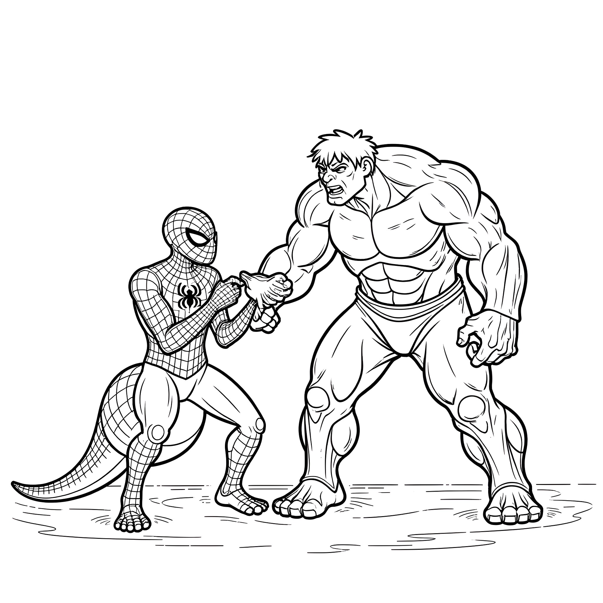 Spiderman facing off against a muscular superhero Coloring Page (free black-and-white line drawing printable PDF for all, from beginners to advanced learners, including children, teens, adults, and seniors)