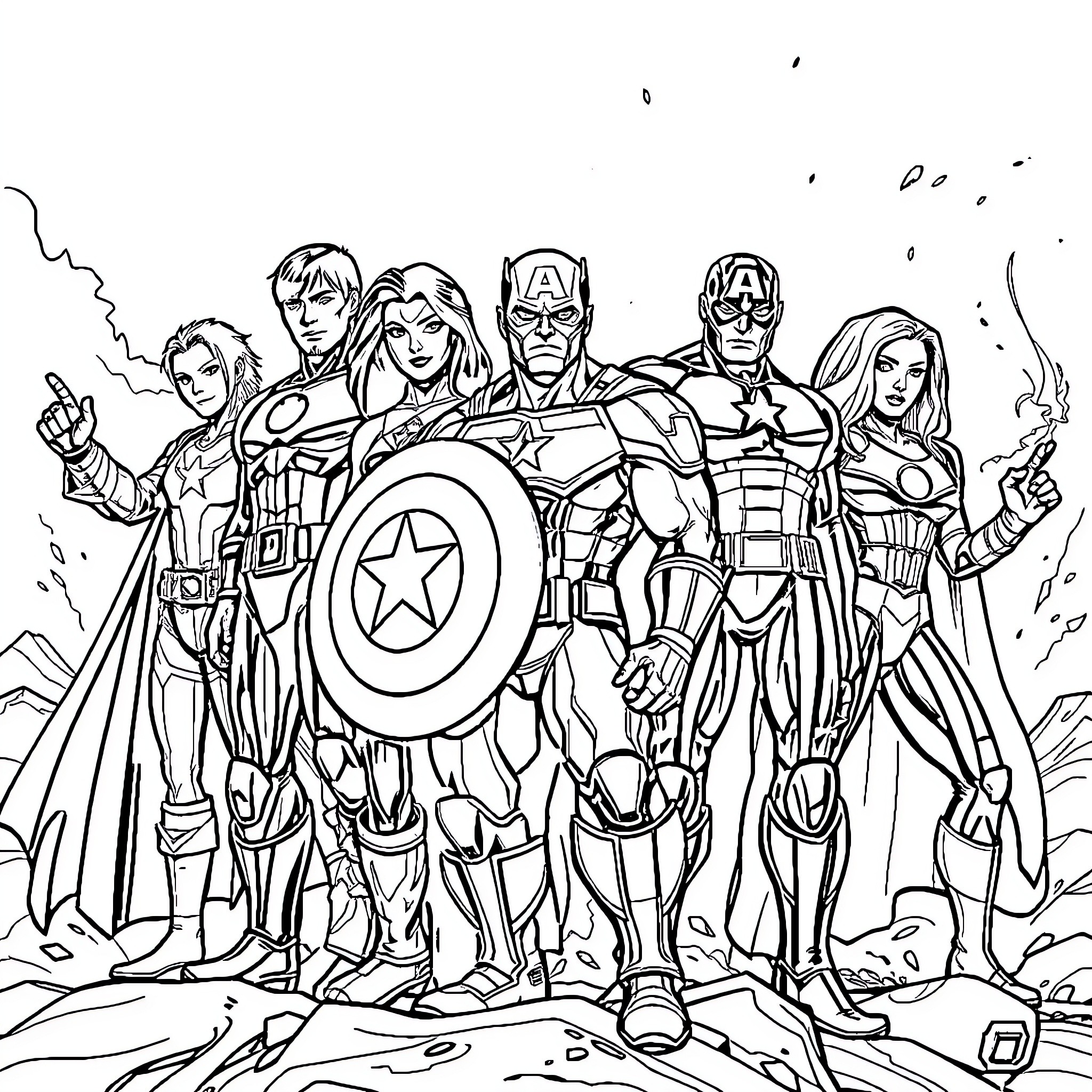 Avengers Assemble for Action and Adventure Coloring Page (free black-and-white line drawing printable PDF for all, from beginners to advanced learners, including children, teens, adults, and seniors)