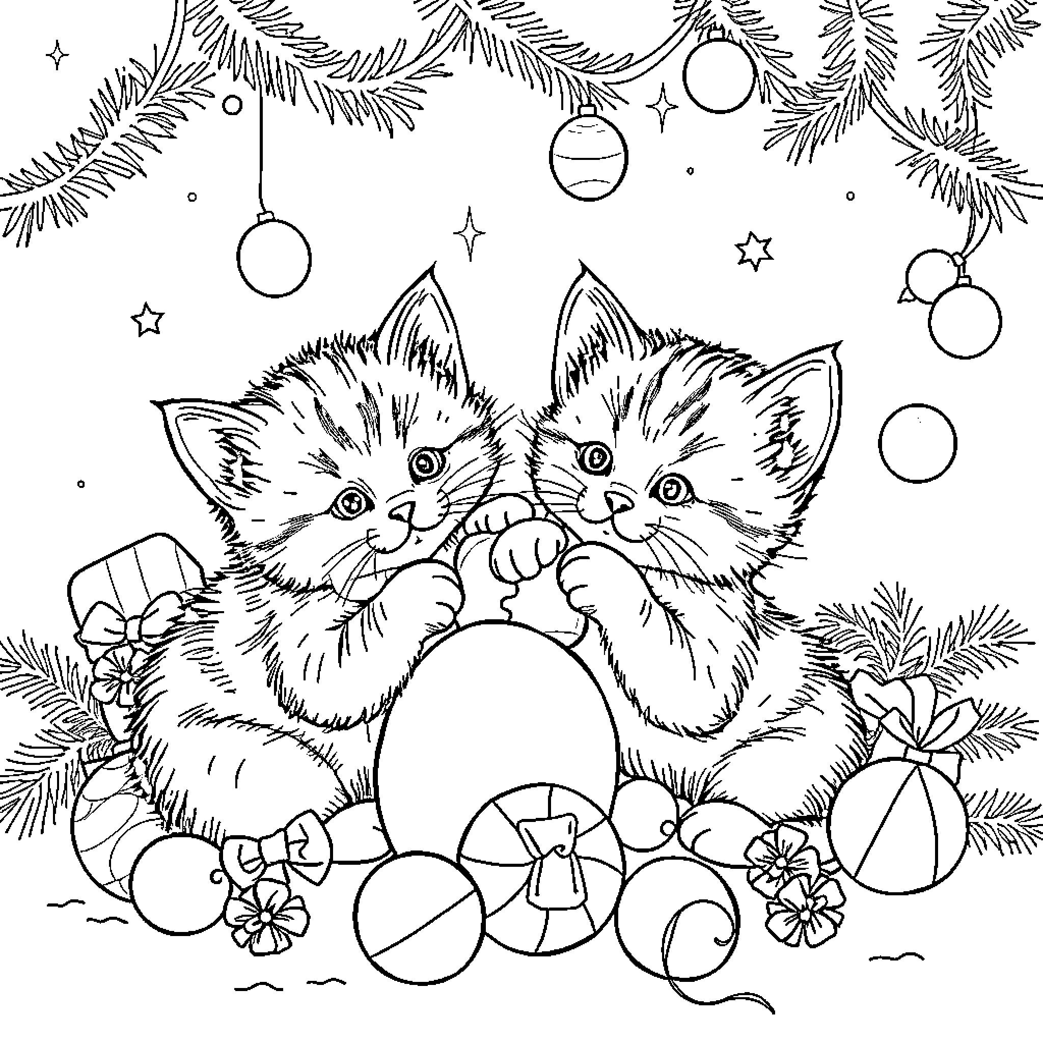 Kitty Kittens Playing Amidst Christmas Ornaments Coloring Page (free black-and-white line drawing printable PDF for all, from beginners to advanced learners, including children, teens, adults, and seniors)