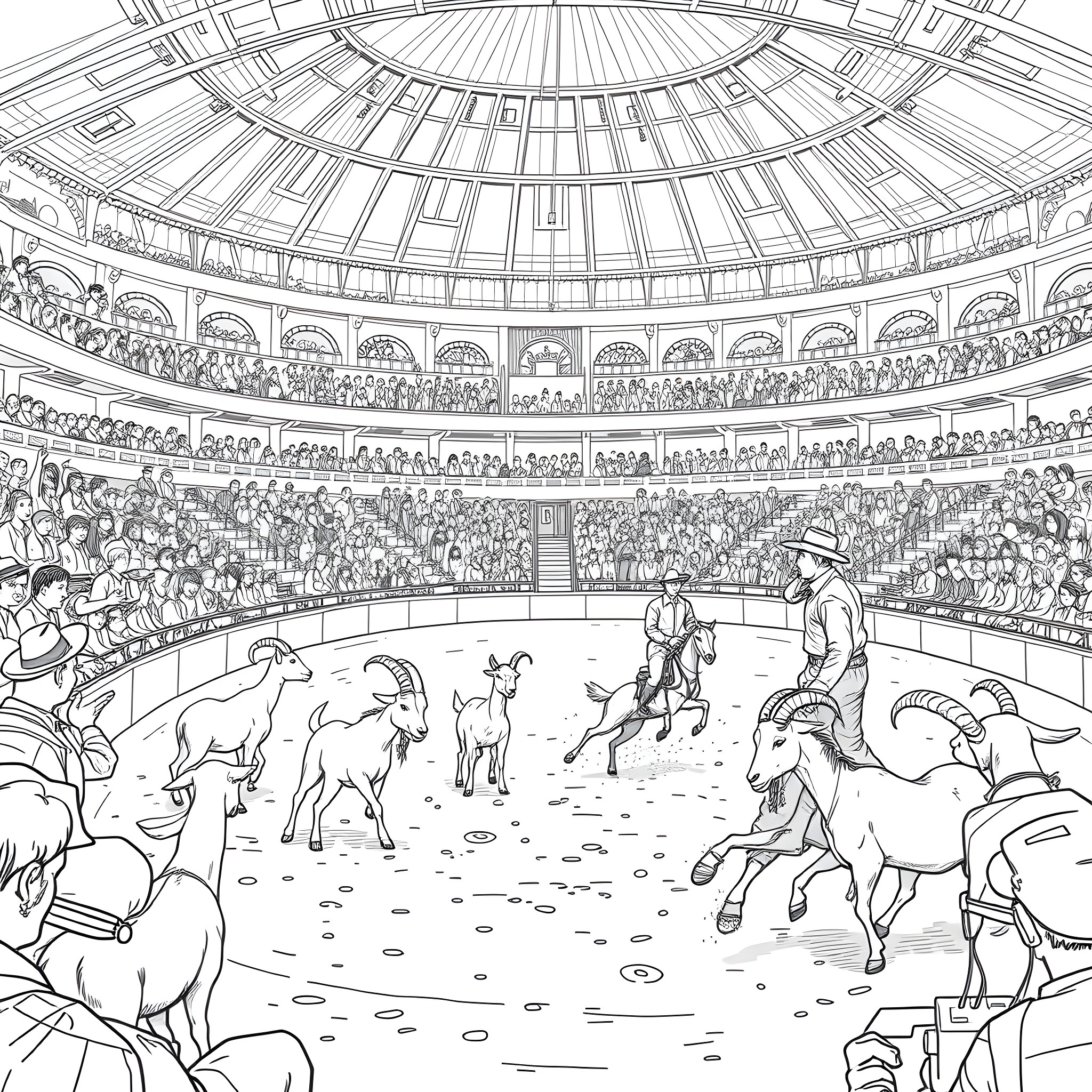 Goats racing in a crowded stadium arena Coloring Page (free black-and-white line drawing printable PDF for all, from beginners to advanced learners, including children, teens, adults, and seniors)