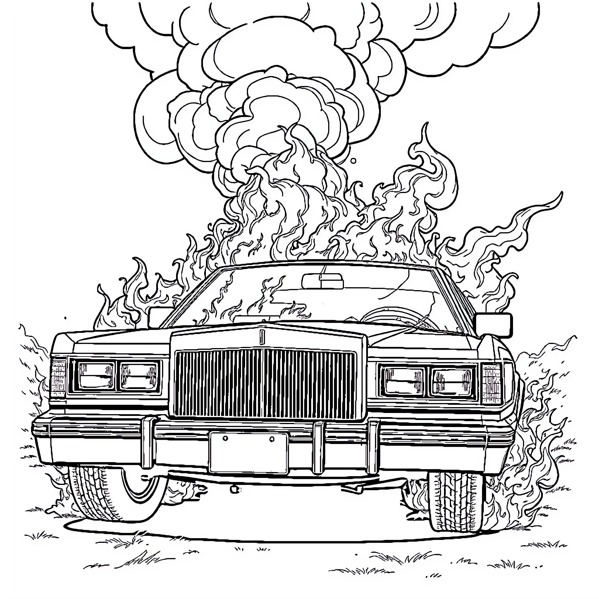 Lincoln Towncar engulfed in flames and smoke Coloring Page (free black-and-white line drawing printable PDF for all, from beginners to advanced learners, including children, teens, adults, and seniors)