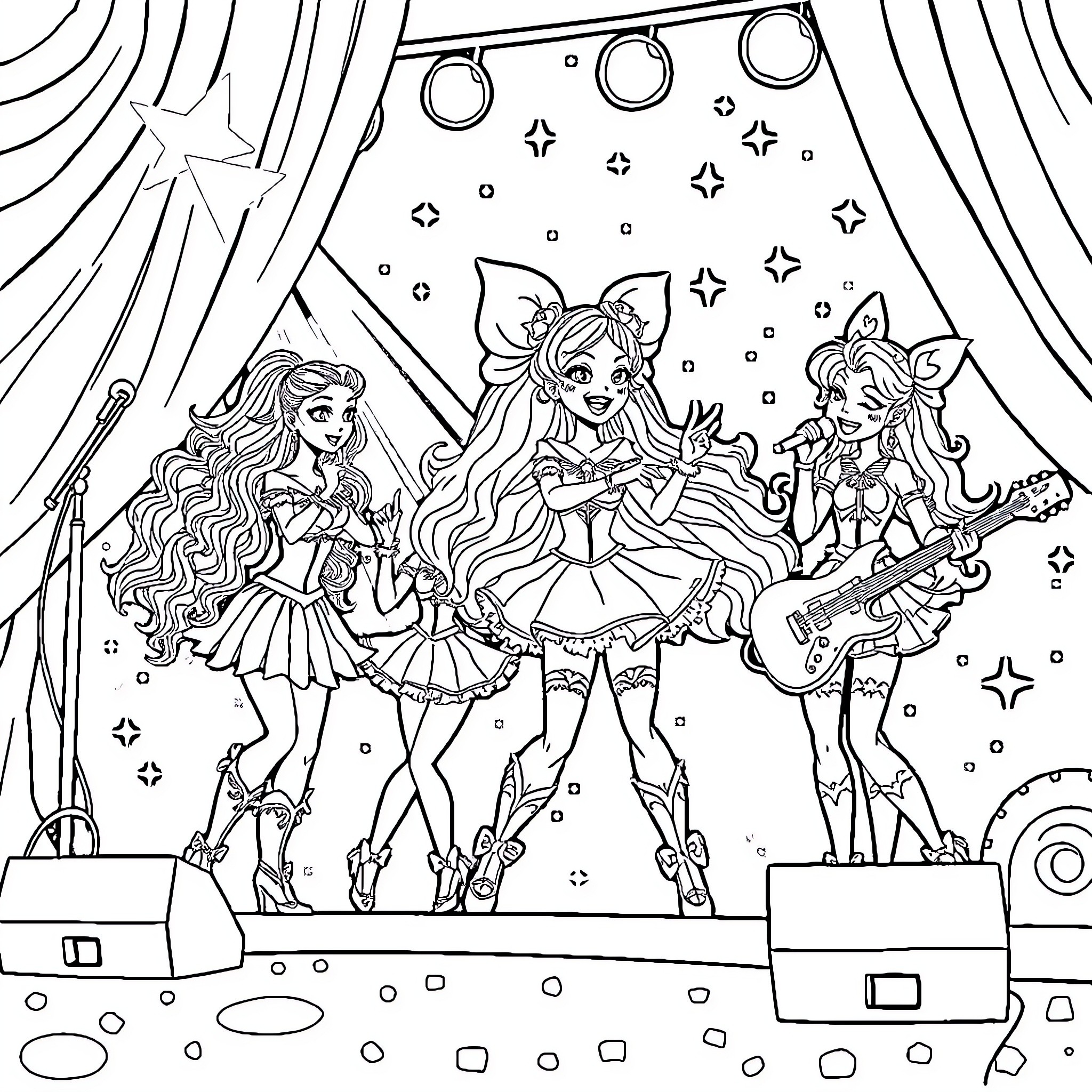 Lolirock: Energetic Musical Performance on Stage Coloring Page (free black-and-white line drawing printable PDF for all, from beginners to advanced learners, including children, teens, adults, and seniors)