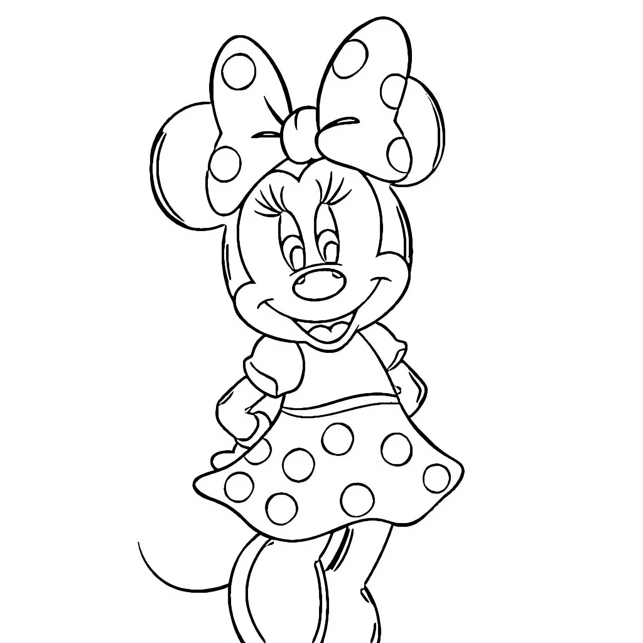 Minnie Mouse smiling in polka dot dress Coloring Page (free black-and-white line drawing printable PDF for all, from beginners to advanced learners, including children, teens, adults, and seniors)