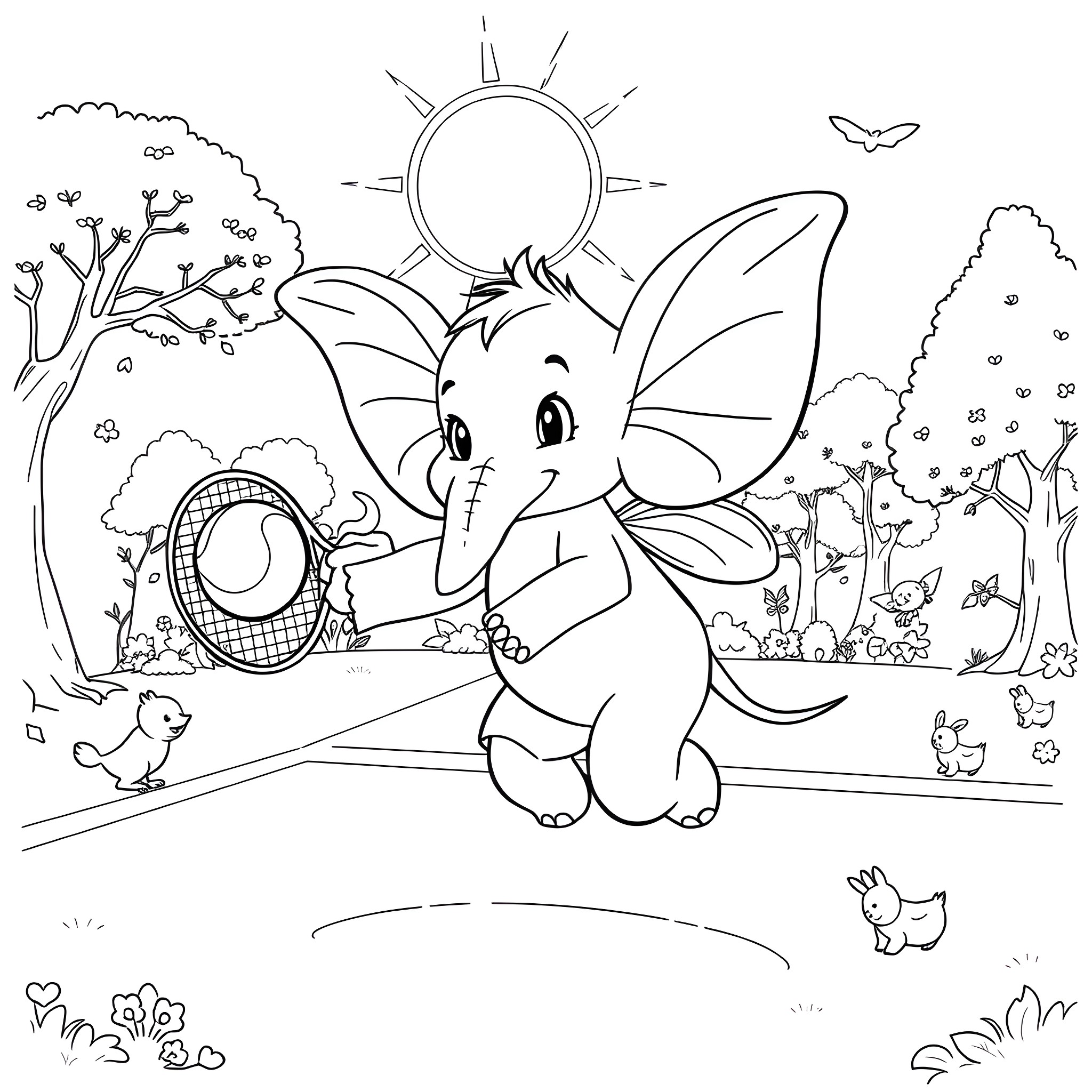 Elephant playing joyfully in nature Coloring Page (free black-and-white line drawing printable PDF for all, from beginners to advanced learners, including children, teens, adults, and seniors)