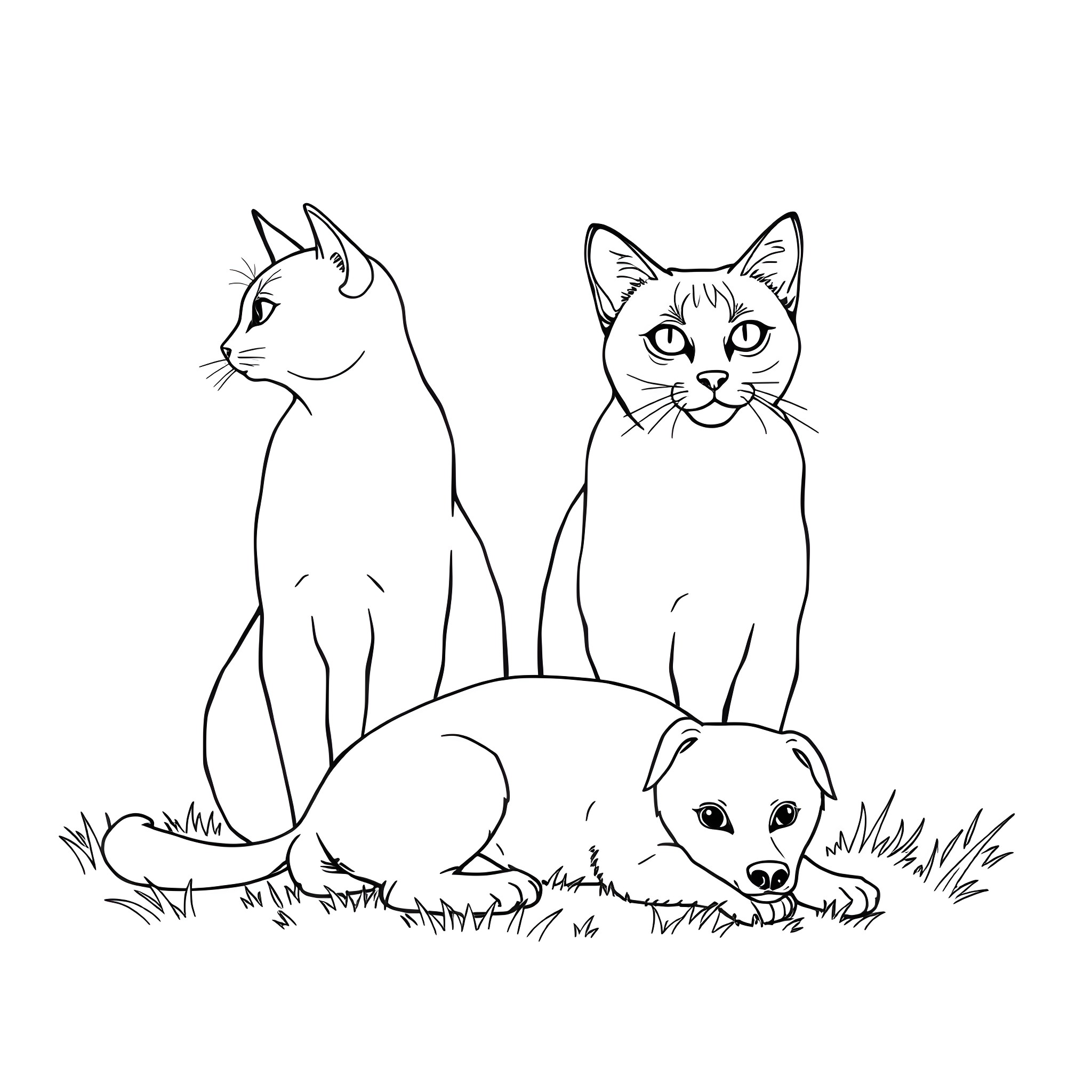Siamese Cats with Sleeping Puppy Coloring Page (free black-and-white line drawing printable PDF for all, from beginners to advanced learners, including children, teens, adults, and seniors)