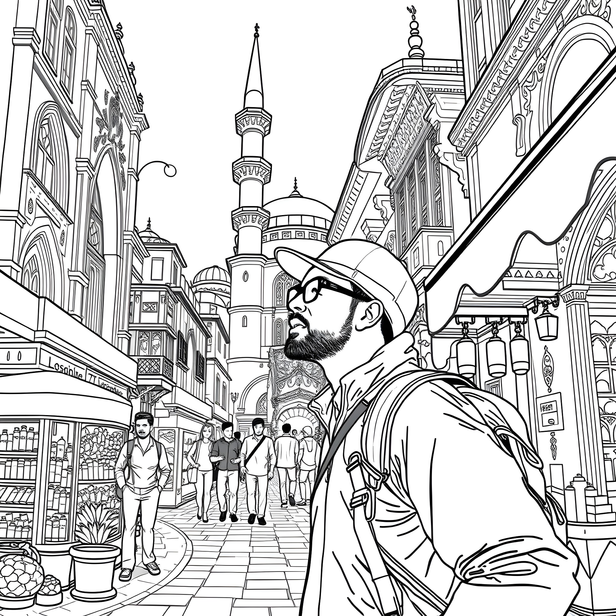 Romanian Man in Traditional Attire Exploring Historic City Coloring Page (free black-and-white line drawing printable PDF for all, from beginners to advanced learners, including children, teens, adults, and seniors)