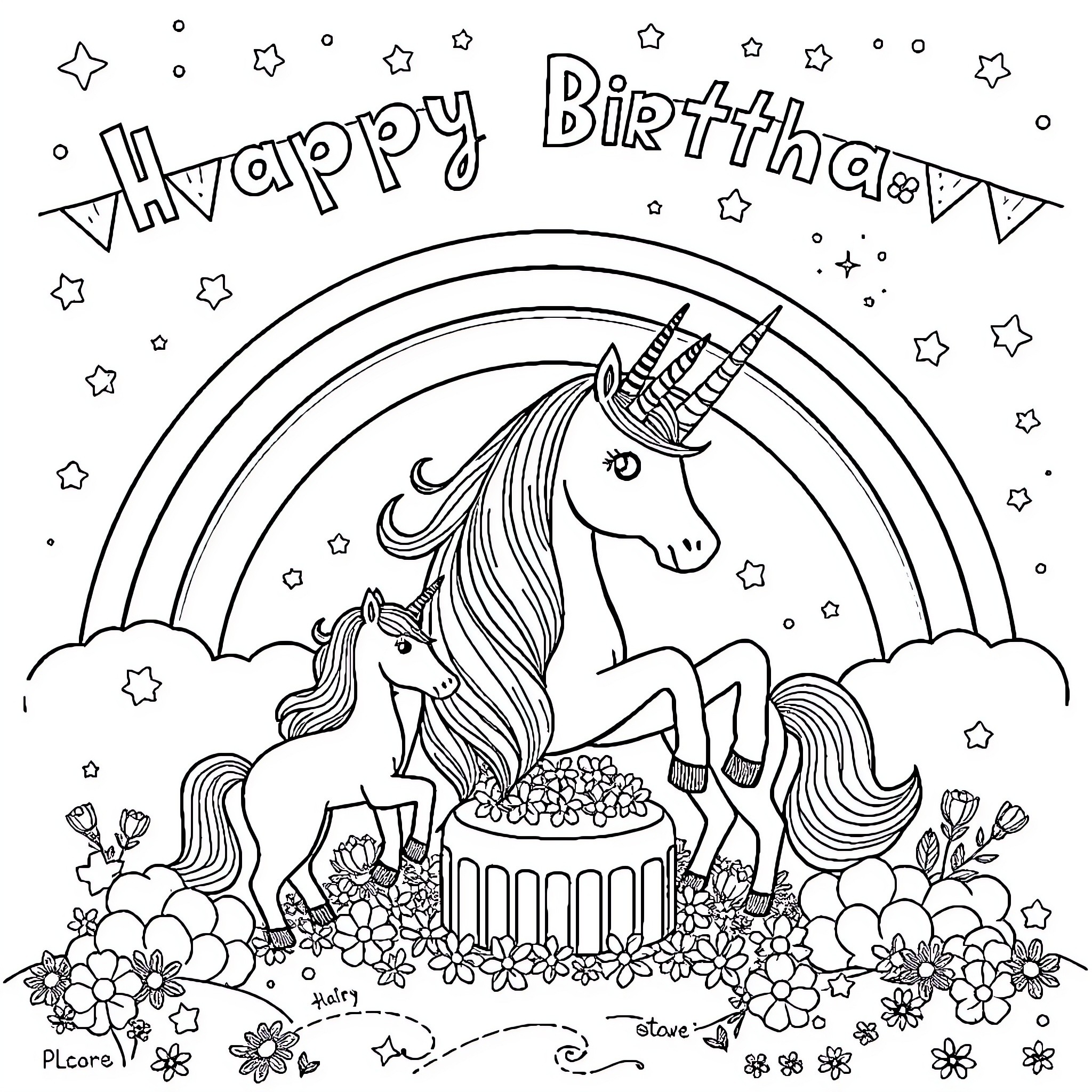 Unicorn Celebrates Happy Birthday with Rainbow and Flowers Coloring Page (free black-and-white line drawing printable PDF for all, from beginners to advanced learners, including children, teens, adults, and seniors)