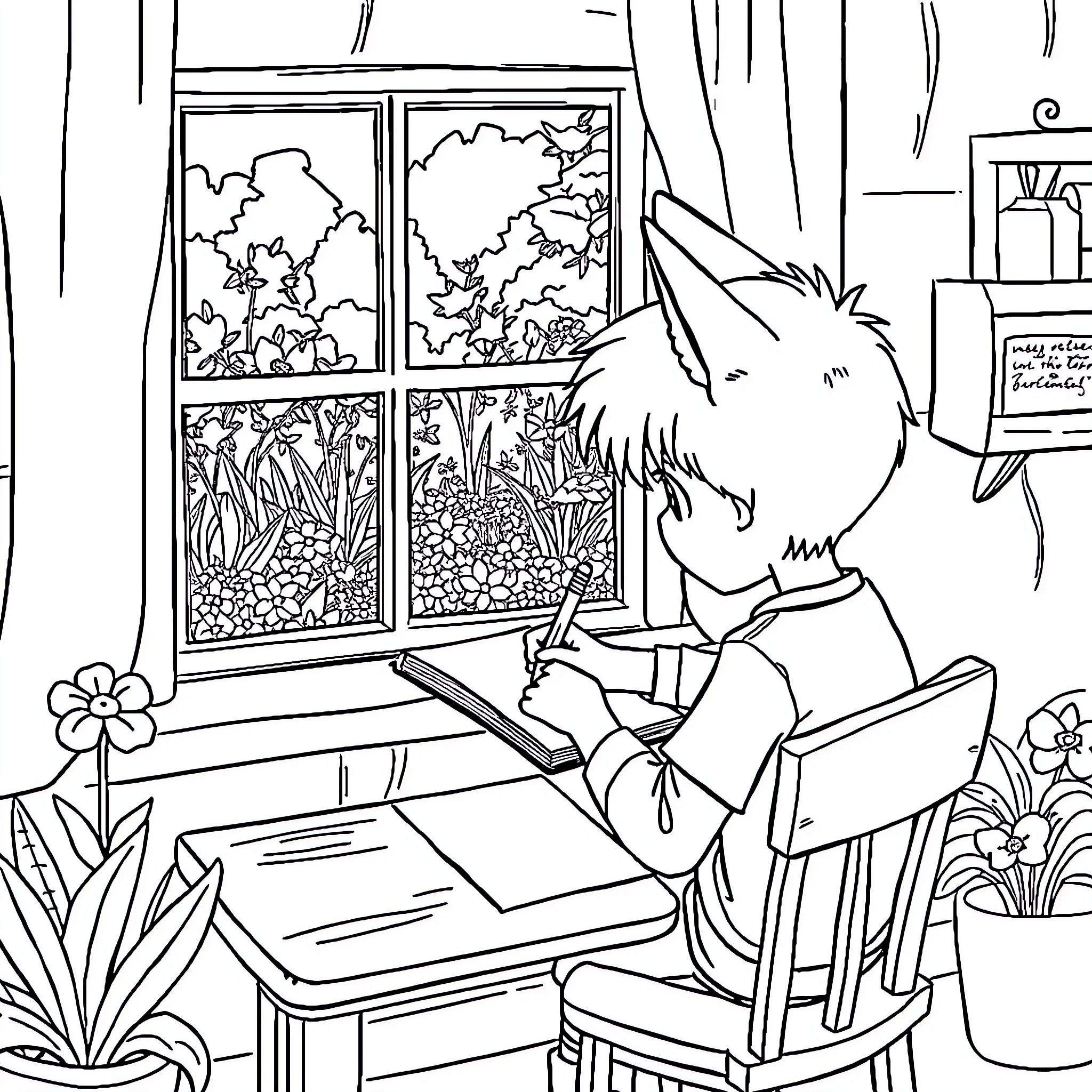 Boy studying at his desk by the window Coloring Page (free black-and-white line drawing printable PDF for all, from beginners to advanced learners, including children, teens, adults, and seniors)