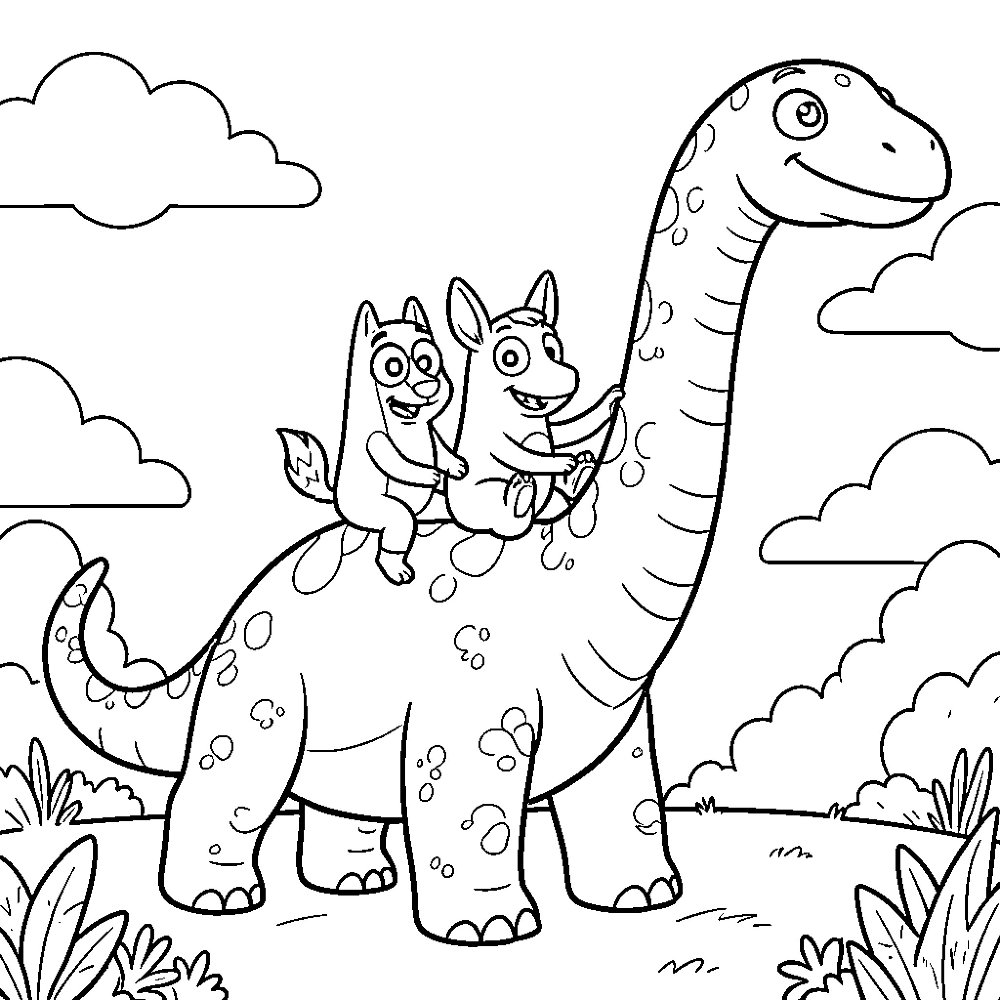 Bluey and friends explore the prehistoric world Coloring Page (free black-and-white line drawing printable PDF for all, from beginners to advanced learners, including children, teens, adults, and seniors)