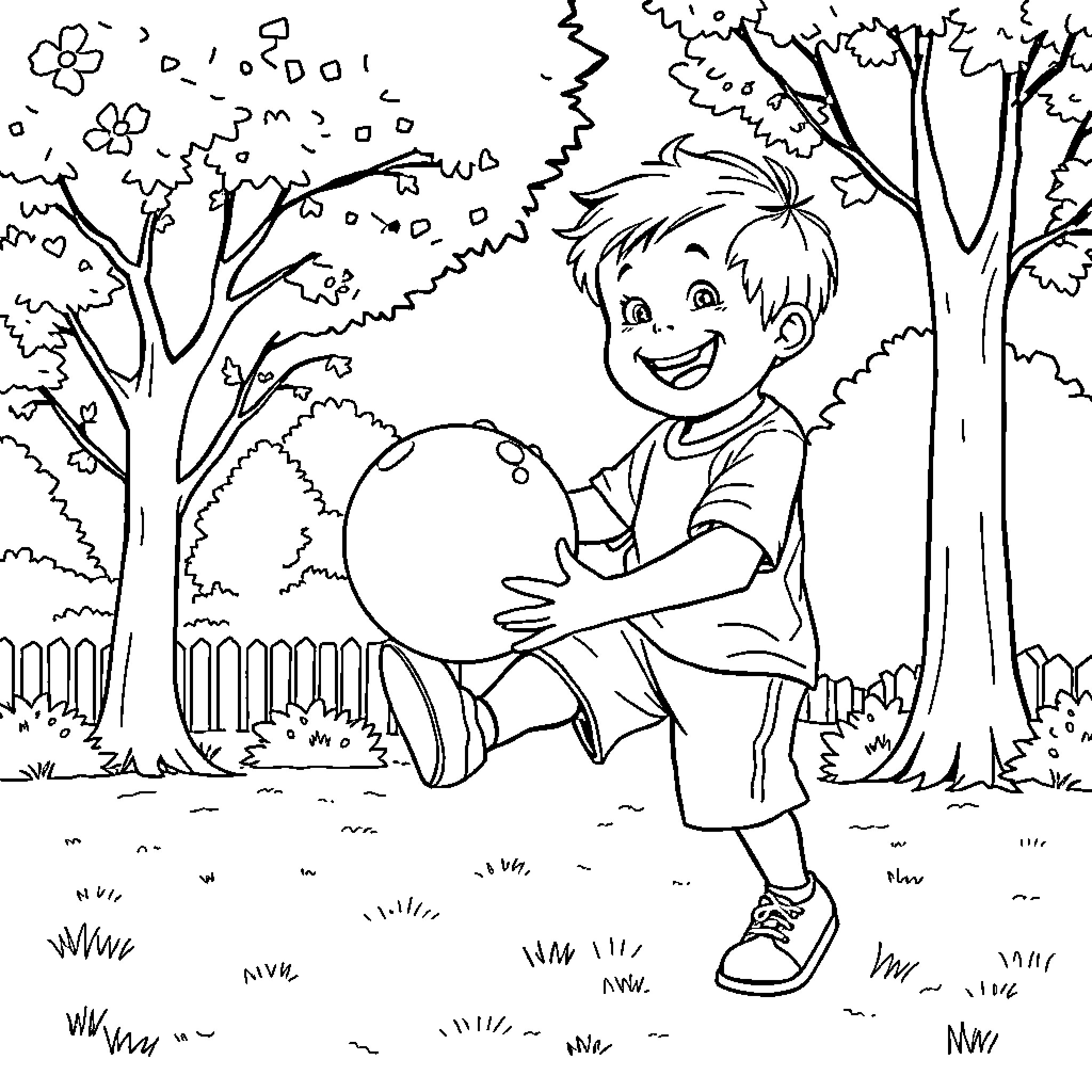 Kid playing happily in the park Coloring Page (free black-and-white line drawing printable PDF for all, from beginners to advanced learners, including children, teens, adults, and seniors)