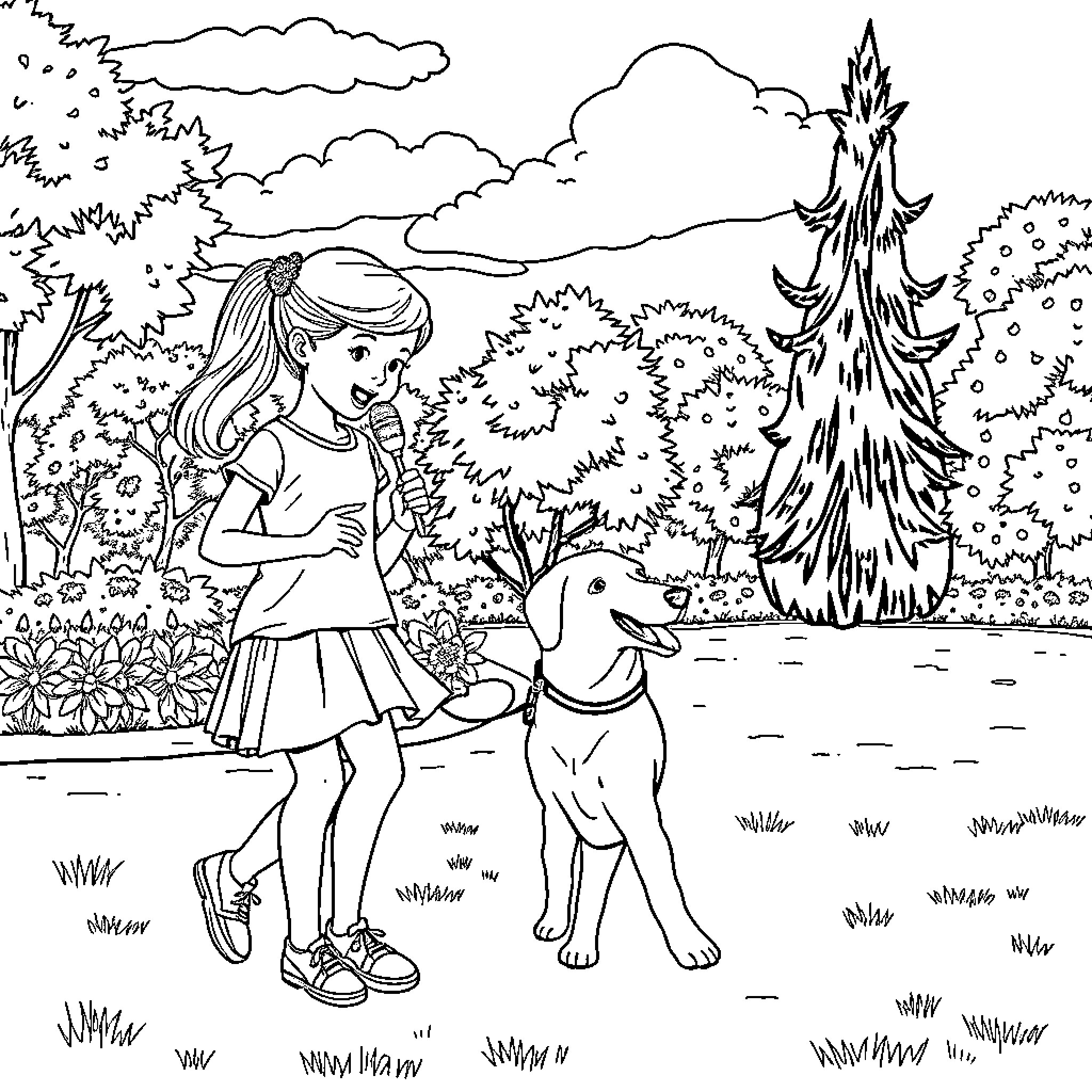 Nina and her Canine Companion in the Woodland Coloring Page (free black-and-white line drawing printable PDF for all, from beginners to advanced learners, including children, teens, adults, and seniors)
