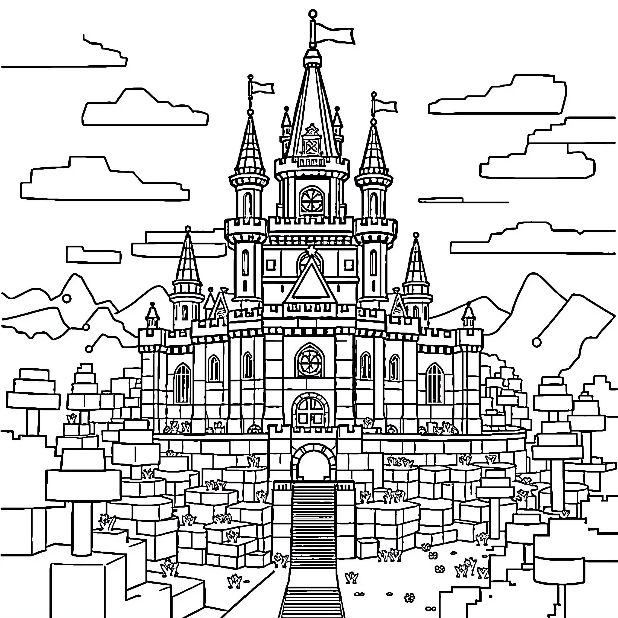Minecraft Universe: Majestic Castle in the Clouds Coloring Page (free black-and-white line drawing printable PDF for all, from beginners to advanced learners, including children, teens, adults, and seniors)