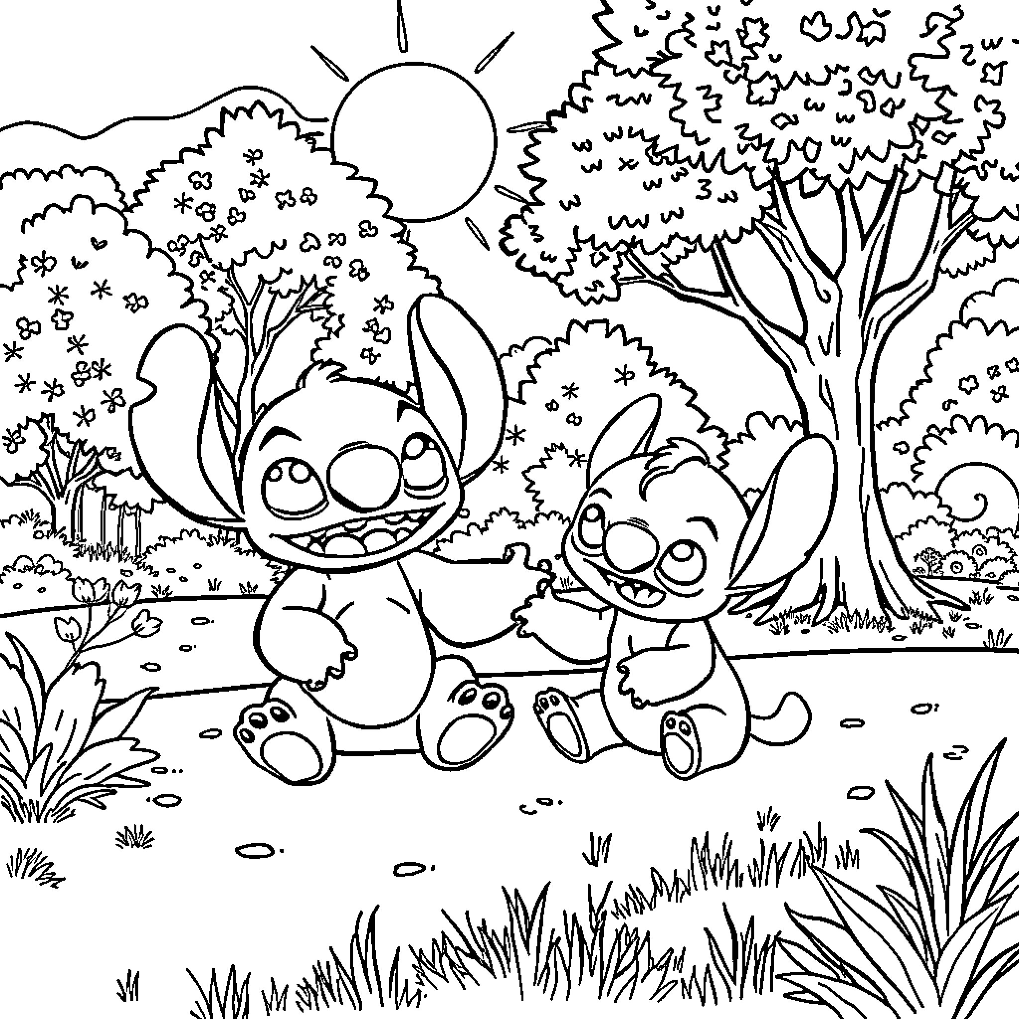 Stitch and Angel explore the whimsical forest Coloring Page (free black-and-white line drawing printable PDF for all, from beginners to advanced learners, including children, teens, adults, and seniors)
