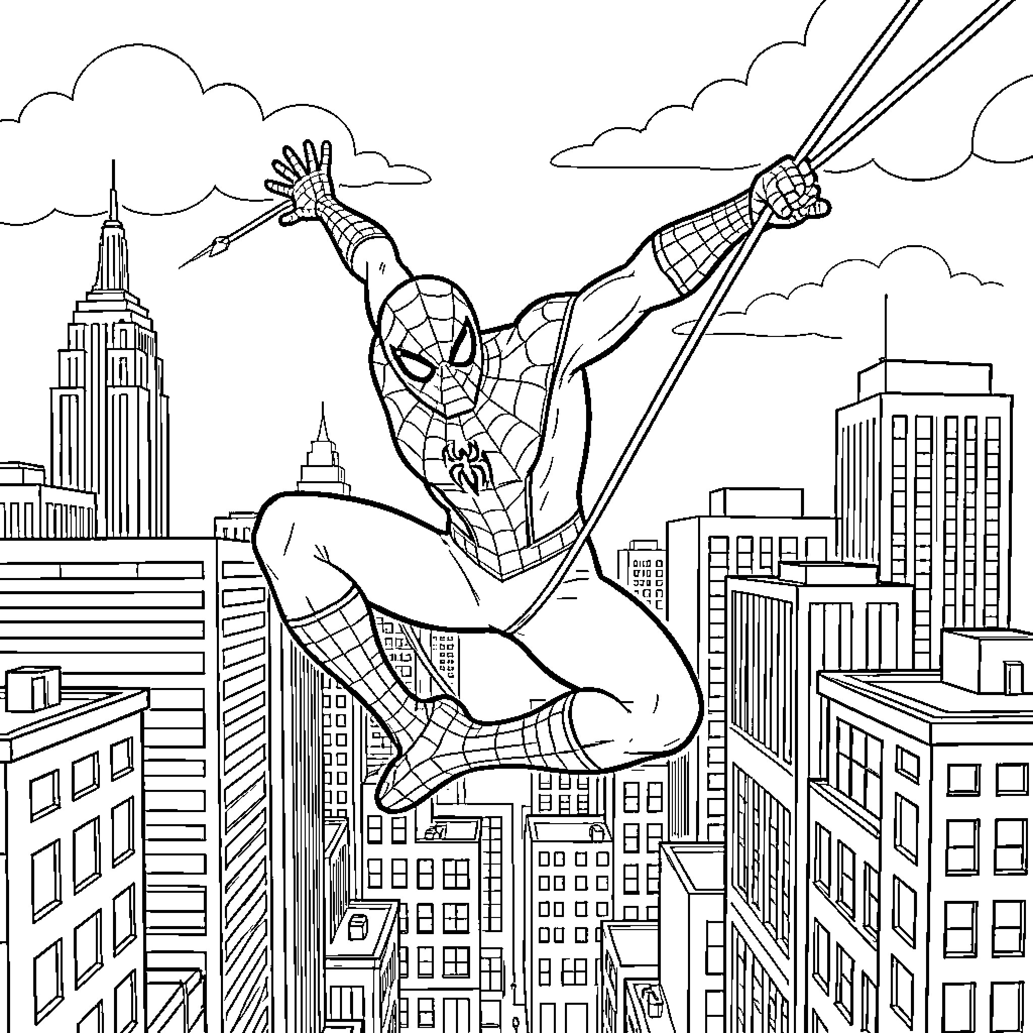 Spiderman swinging through the city skyline Coloring Page (free black-and-white line drawing printable PDF for all, from beginners to advanced learners, including children, teens, adults, and seniors)