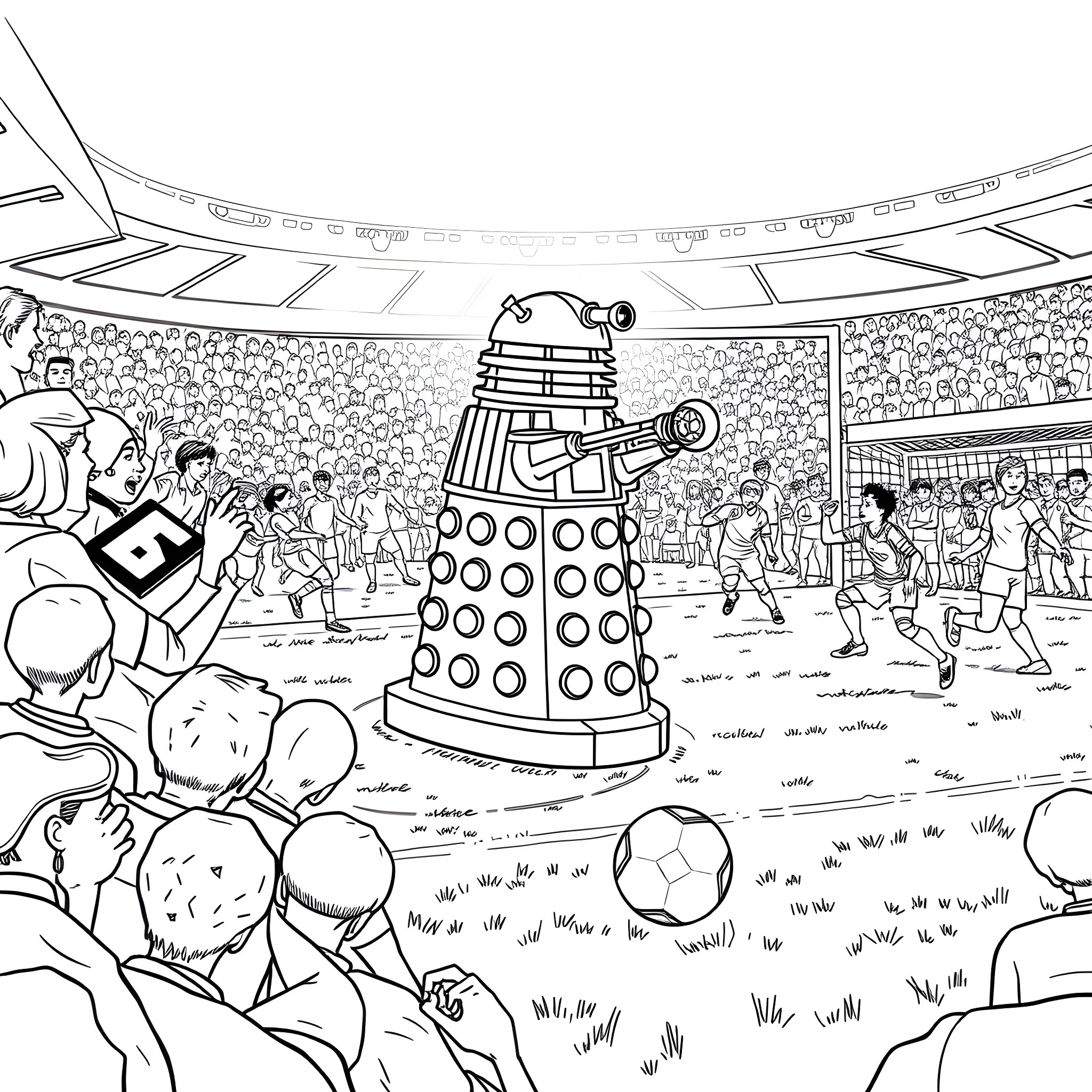 Dalek attacking players in a futuristic soccer match Coloring Page (free black-and-white line drawing printable PDF for all, from beginners to advanced learners, including children, teens, adults, and seniors)