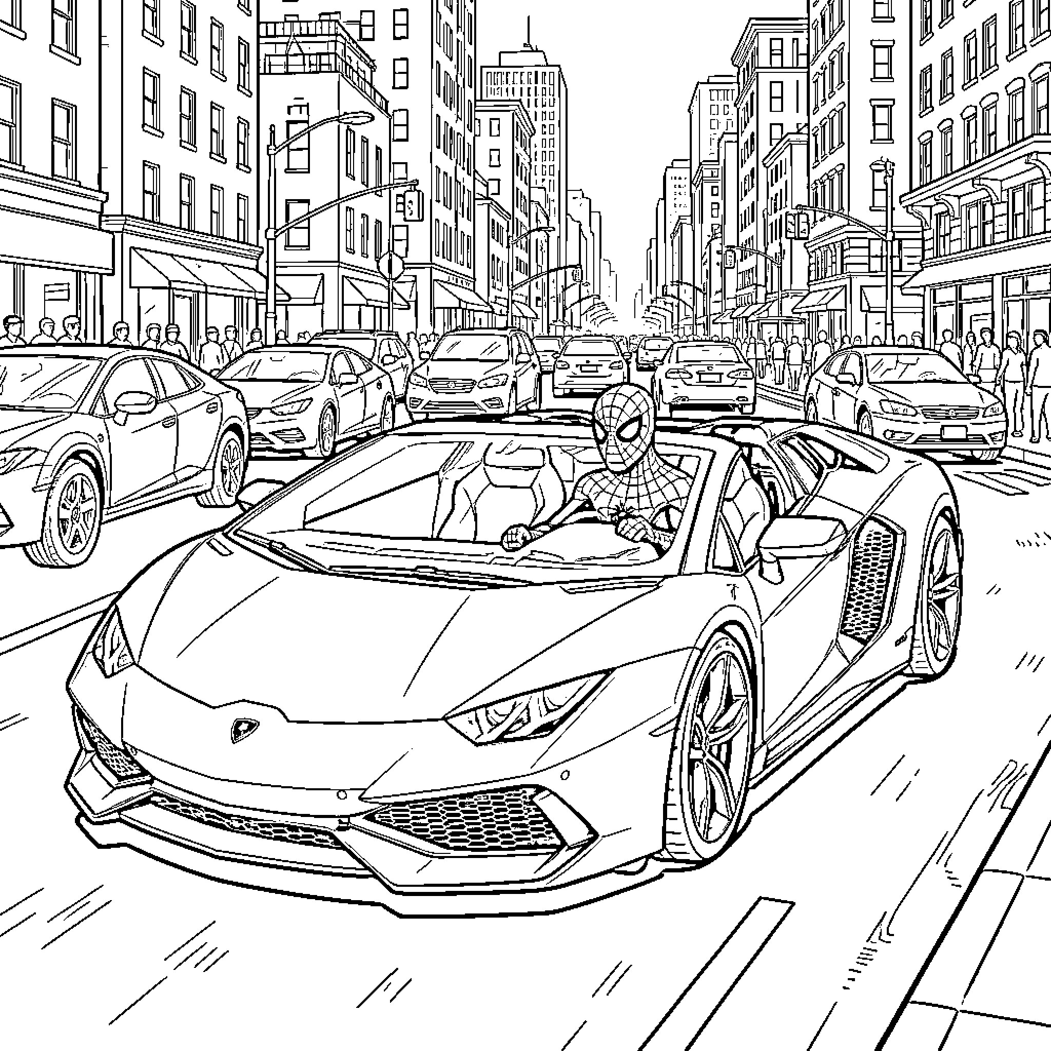 Spiderman chasing criminal in futuristic sports car on busy city street Coloring Page (free black-and-white line drawing printable PDF for all, from beginners to advanced learners, including children, teens, adults, and seniors)