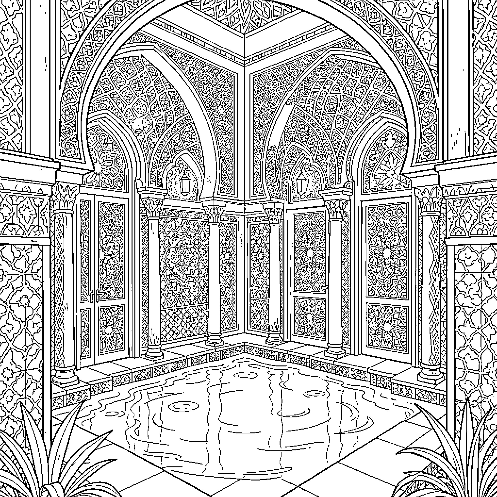 Arab Baths with Intricate Architectural Details Coloring Page (free black-and-white line drawing printable PDF for all, from beginners to advanced learners, including children, teens, adults, and seniors)