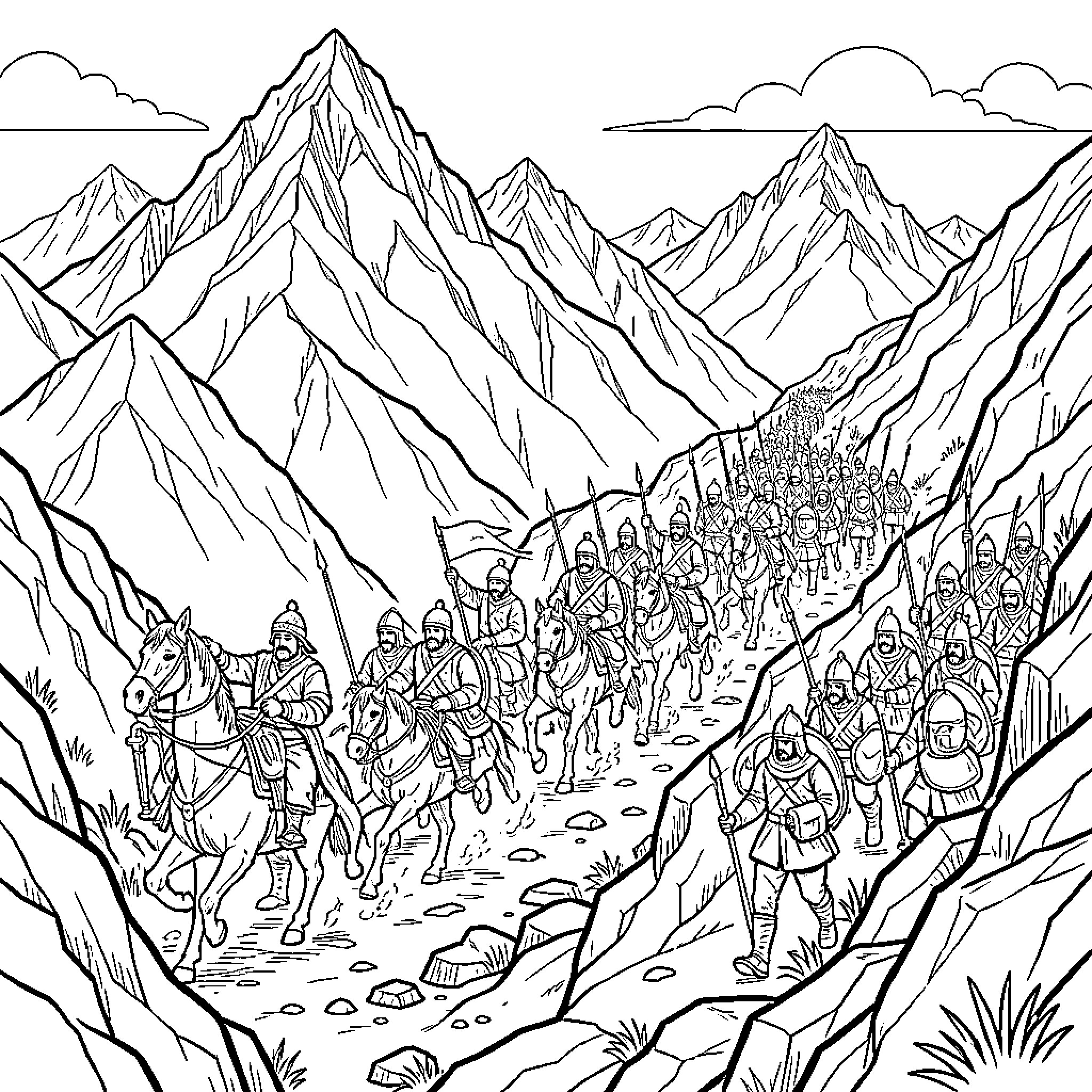 San Martin leading soldiers through a mountain pass Coloring Page (free black-and-white line drawing printable PDF for all, from beginners to advanced learners, including children, teens, adults, and seniors)