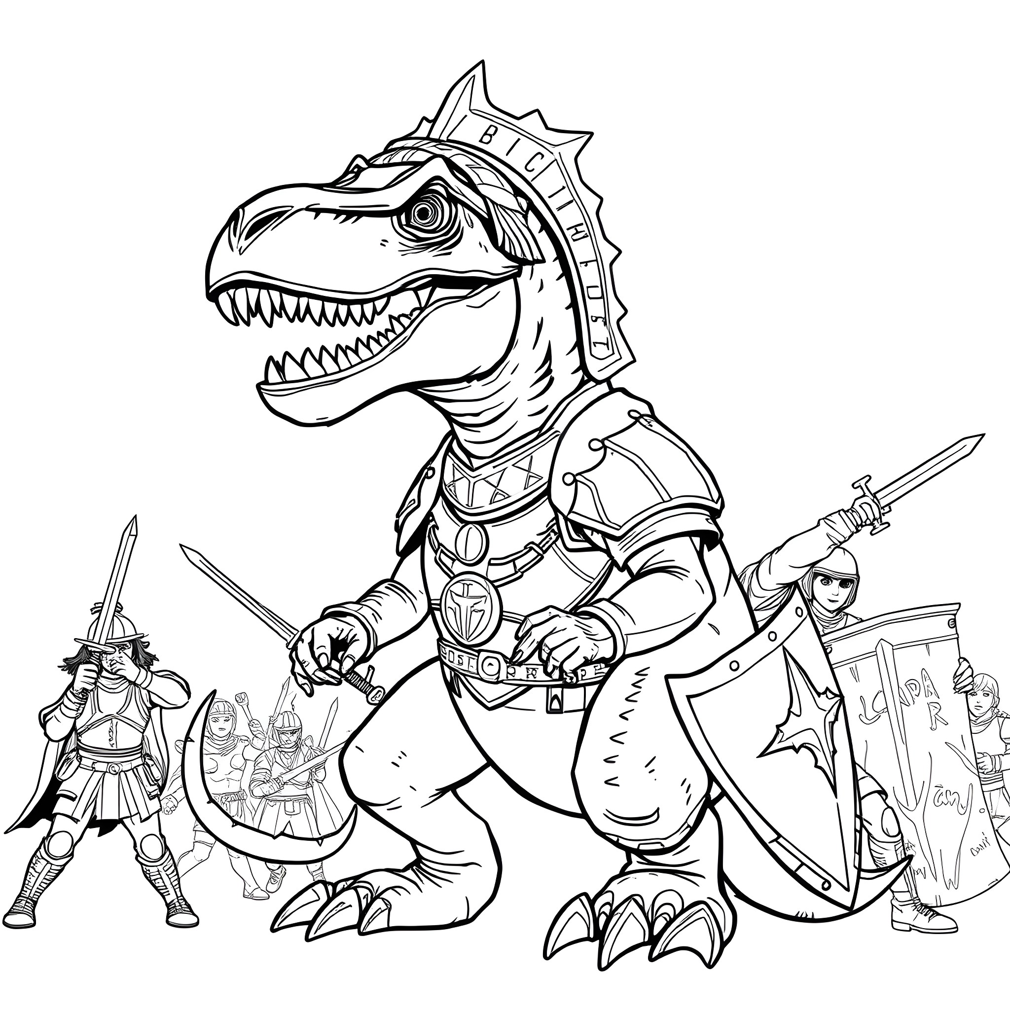 T-Rex knight in armor leading warriors into battle Coloring Page (free black-and-white line drawing printable PDF for all, from beginners to advanced learners, including children, teens, adults, and seniors)