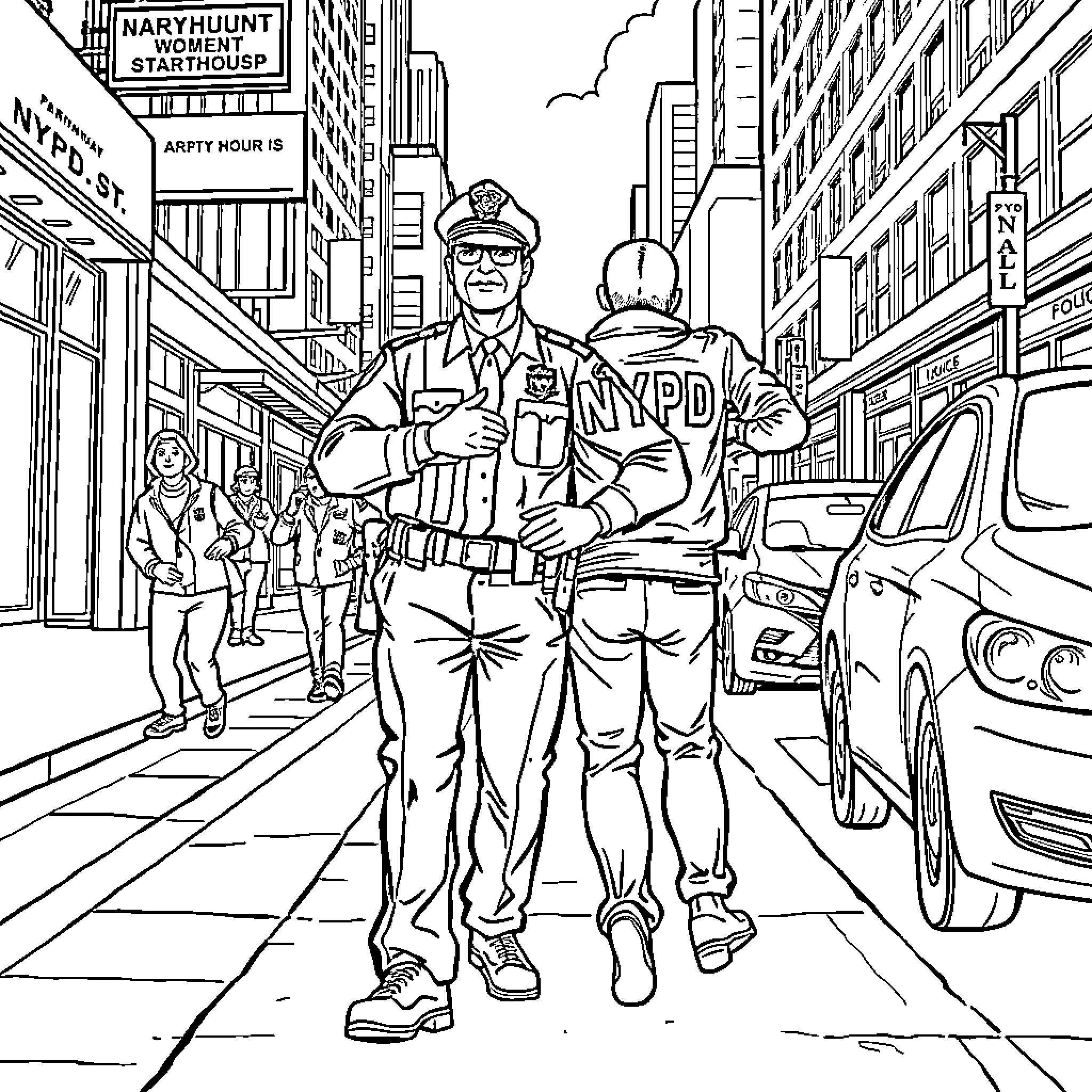 Cop Patrolling the City Streets Coloring Page (free black-and-white line drawing printable PDF for all, from beginners to advanced learners, including children, teens, adults, and seniors)