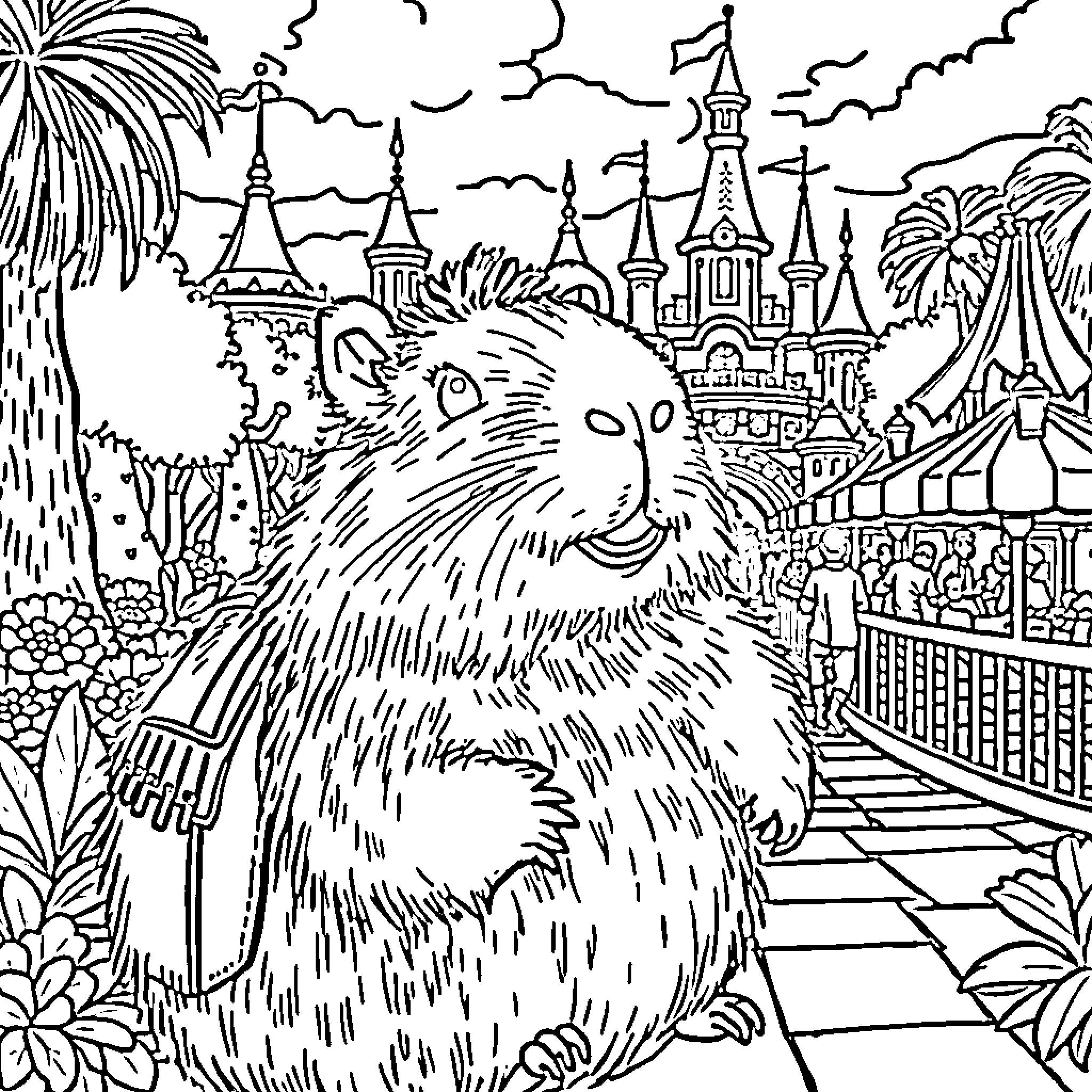Capybara relaxing in a whimsical fantasy landscape Coloring Page (free black-and-white line drawing printable PDF for all, from beginners to advanced learners, including children, teens, adults, and seniors)