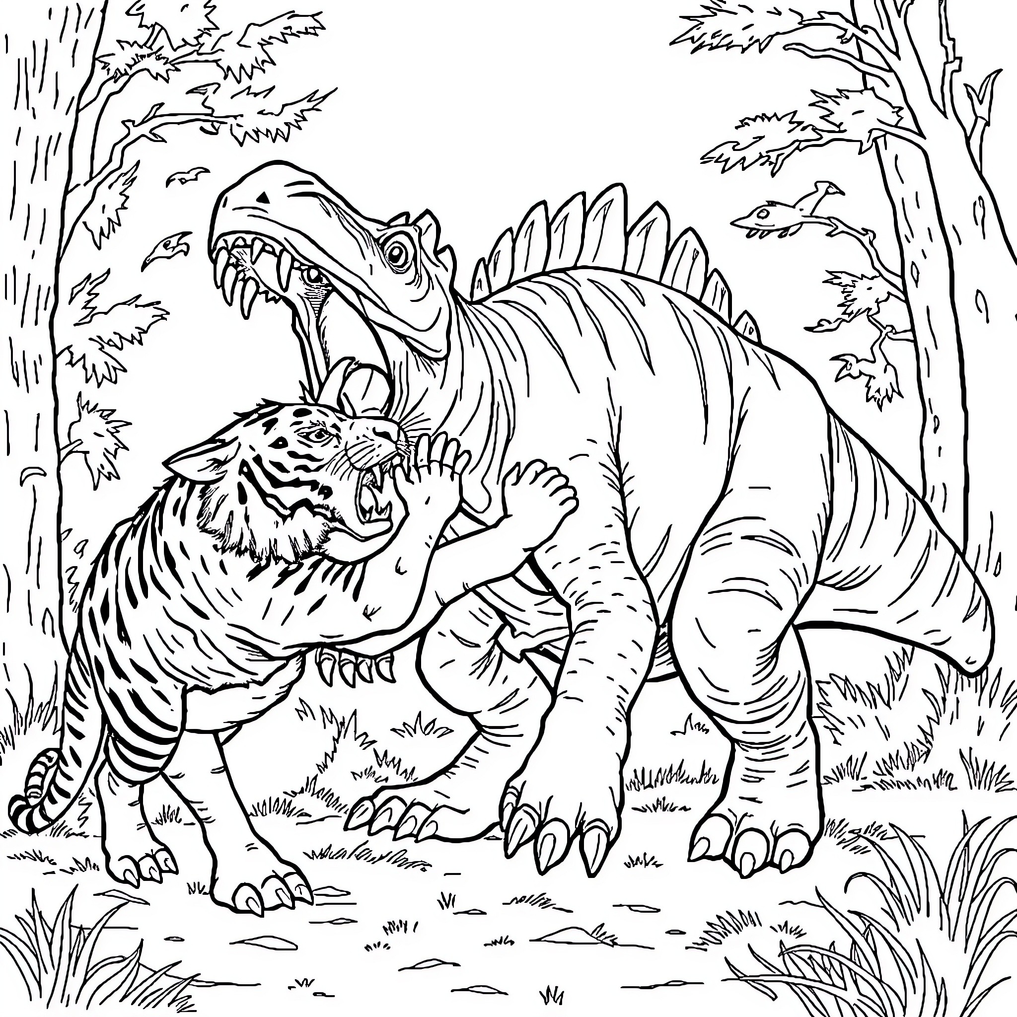 Tyrannosaurus Battling Ferociously in the Forest Coloring Page (free black-and-white line drawing printable PDF for all, from beginners to advanced learners, including children, teens, adults, and seniors)