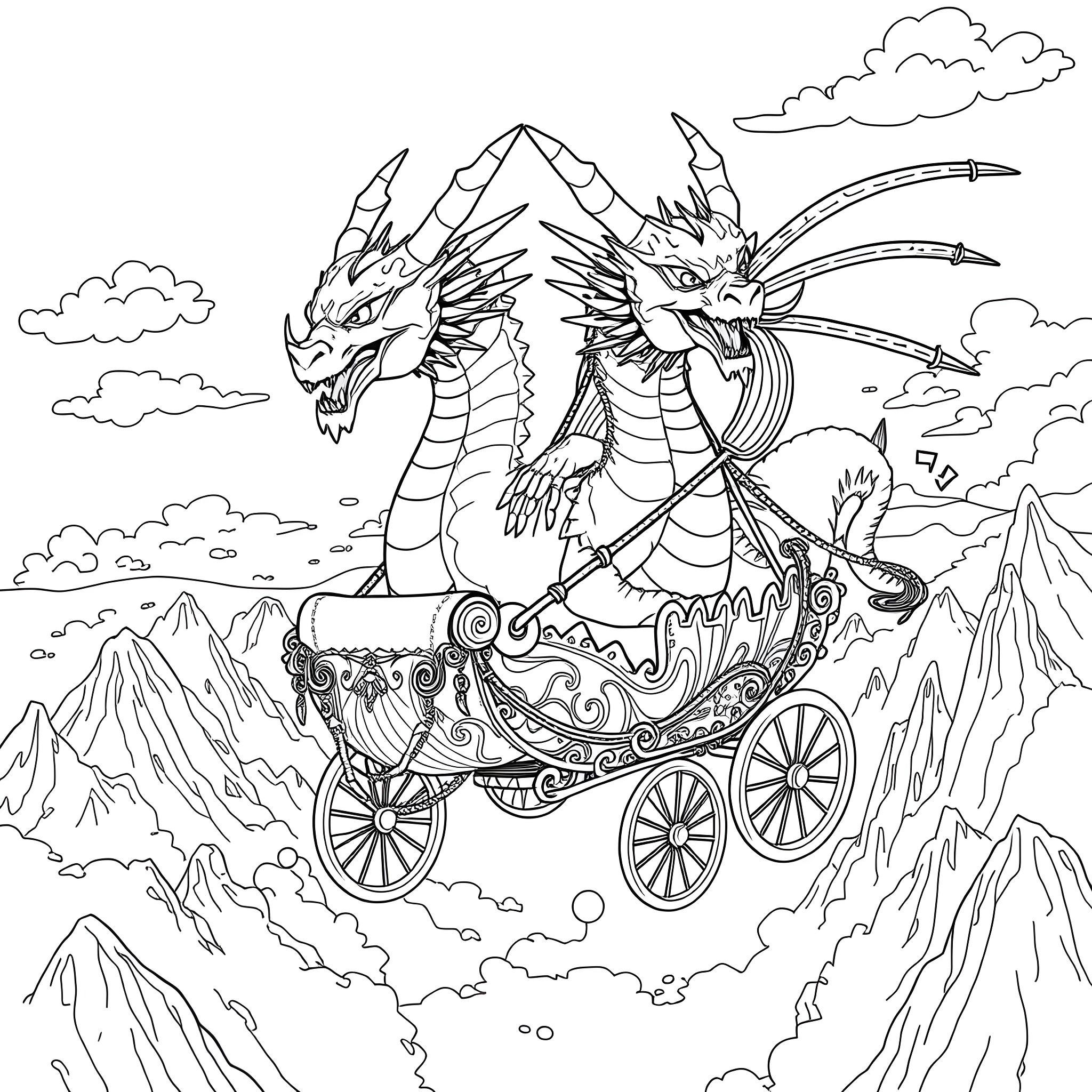Dragon riding a fantastical carriage in the sky Coloring Page (free black-and-white line drawing printable PDF for all, from beginners to advanced learners, including children, teens, adults, and seniors)