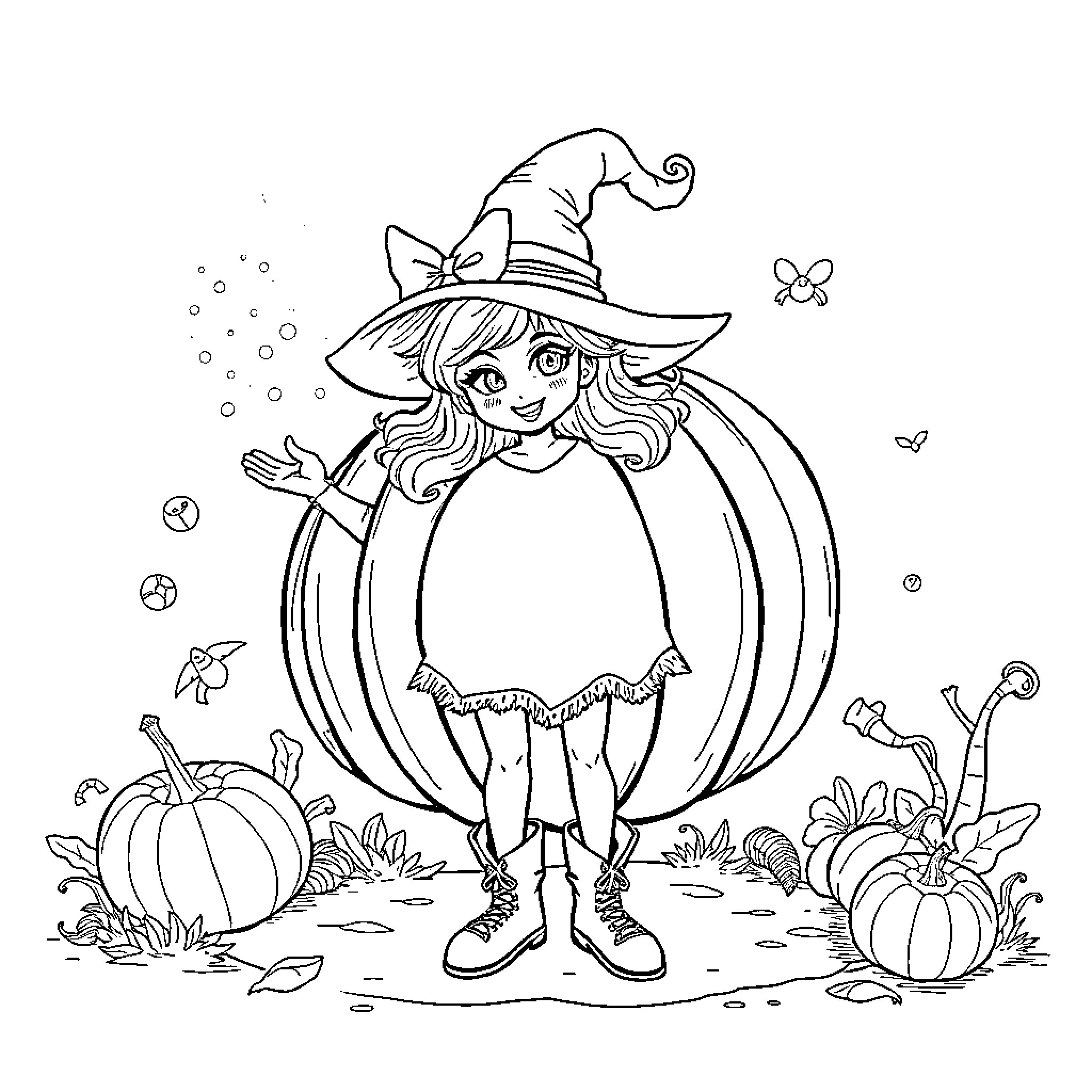 Rumi Huntrix in Halloween Autumn Splendor Coloring Page (free black-and-white line drawing printable PDF for all, from beginners to advanced learners, including children, teens, adults, and seniors)