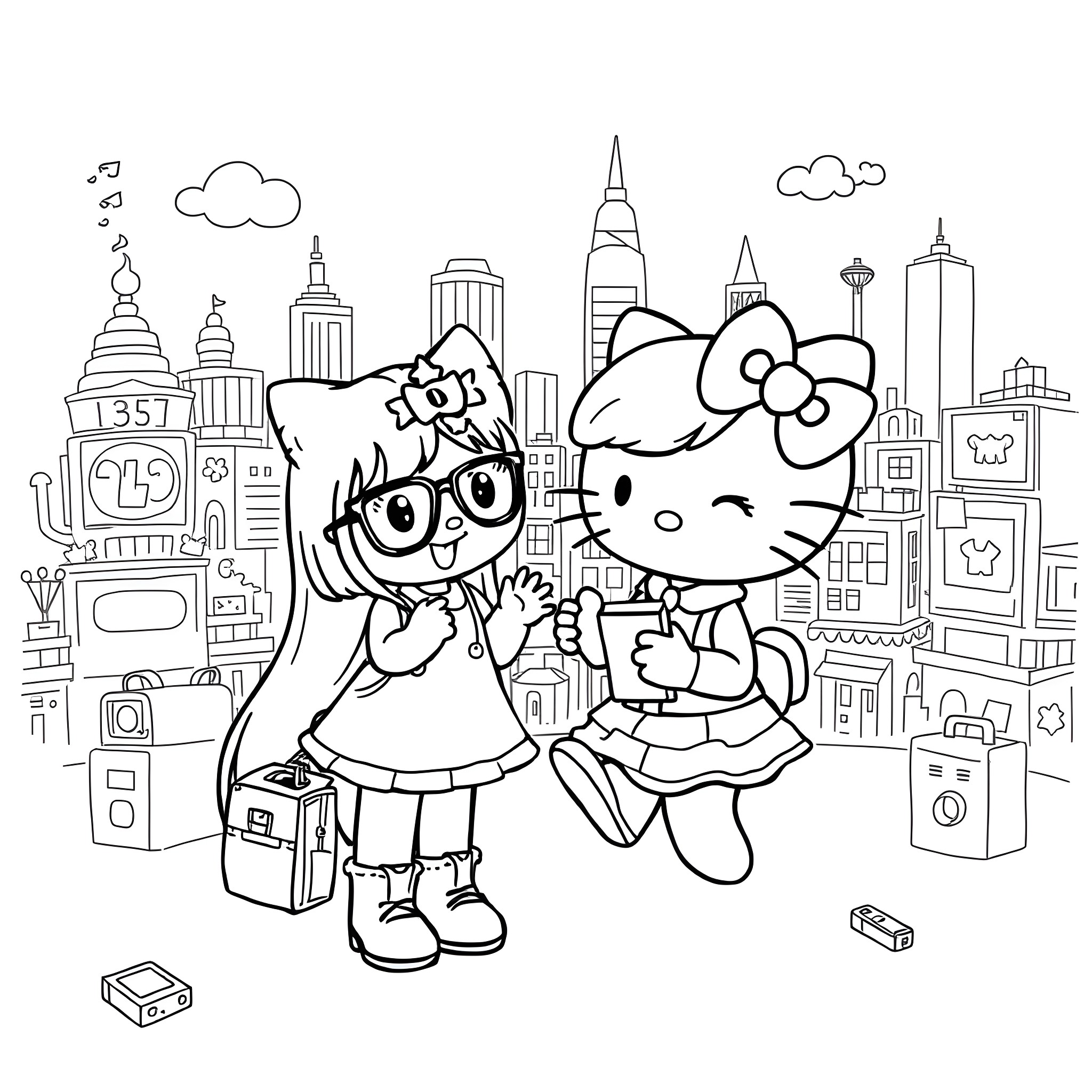 Hello Kitty and friend exploring the city Coloring Page (free black-and-white line drawing printable PDF for all, from beginners to advanced learners, including children, teens, adults, and seniors)