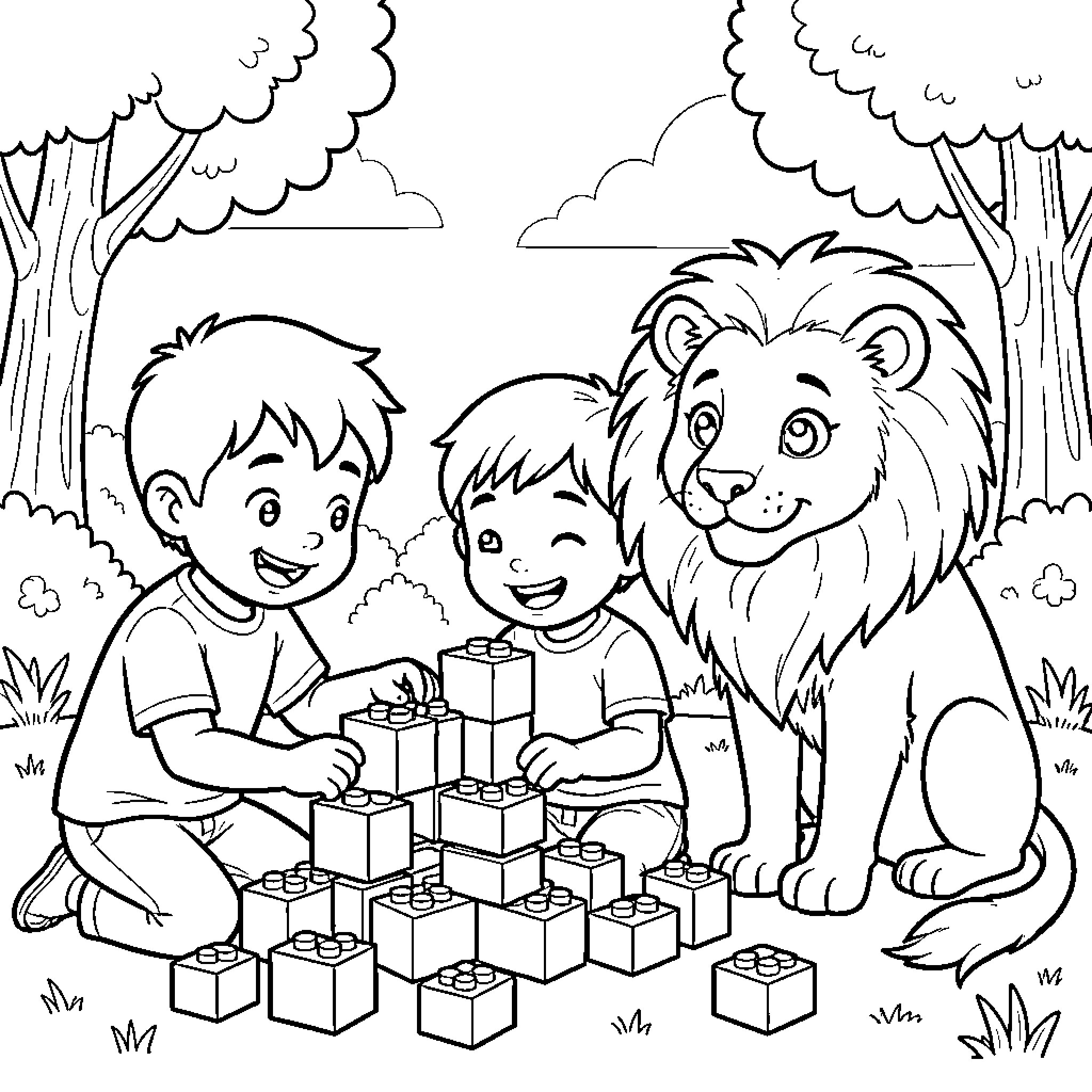 Boy playing with friend and lion in forest Coloring Page (free black-and-white line drawing printable PDF for all, from beginners to advanced learners, including children, teens, adults, and seniors)