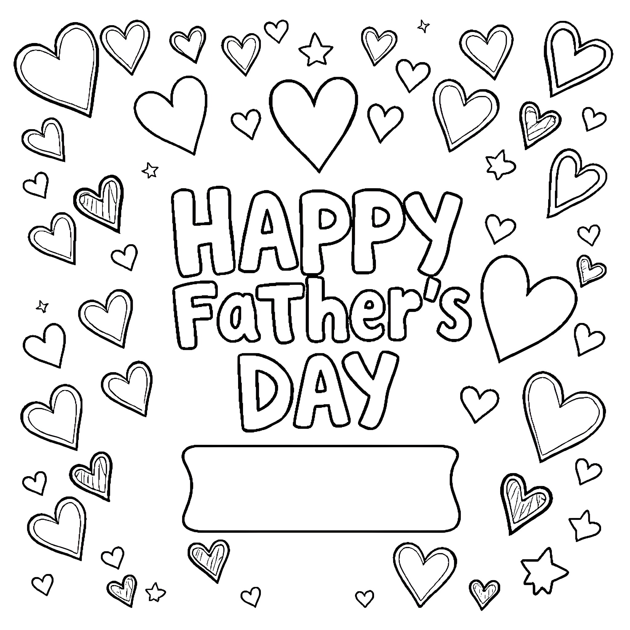 Father's Day hearts and stars celebration Coloring Page (free black-and-white line drawing printable PDF for all, from beginners to advanced learners, including children, teens, adults, and seniors)