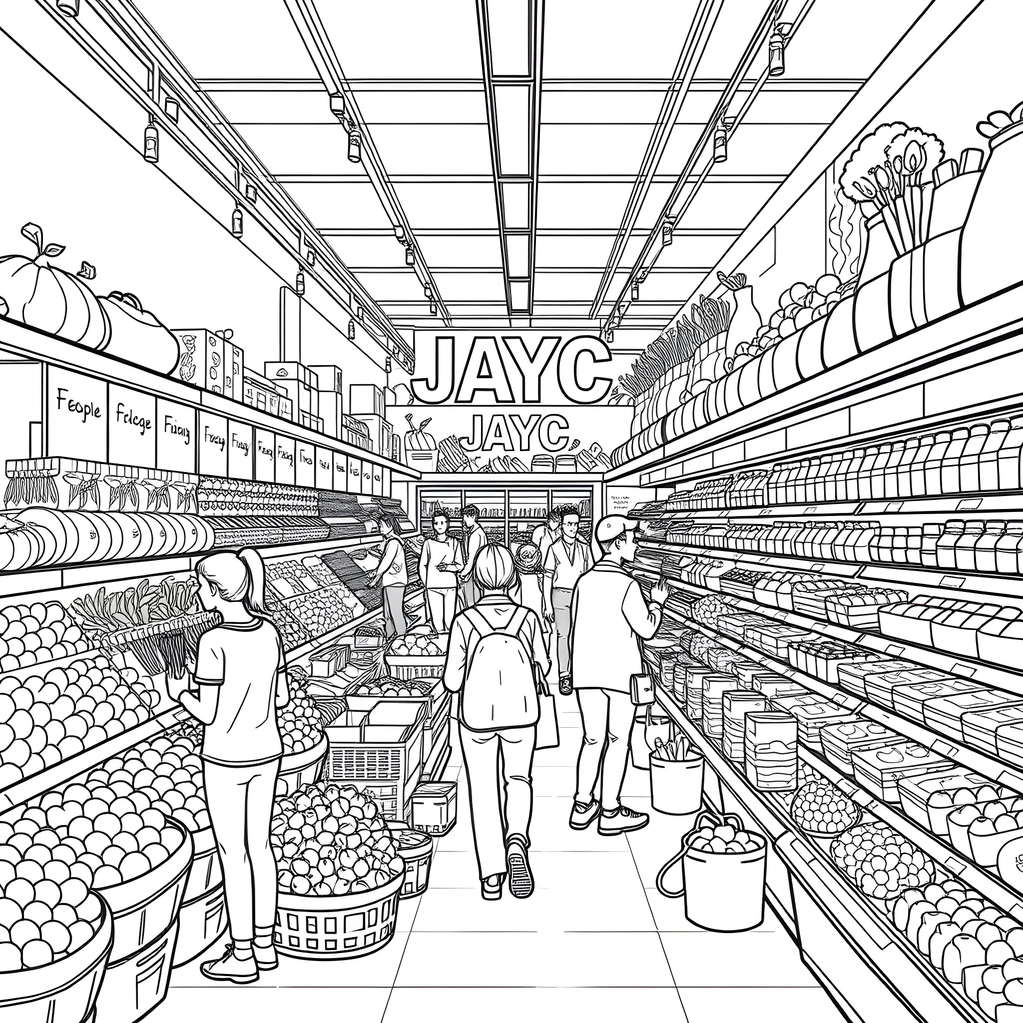 JayC - Lively scene in a busy grocery store Coloring Page (free black-and-white line drawing printable PDF for all, from beginners to advanced learners, including children, teens, adults, and seniors)