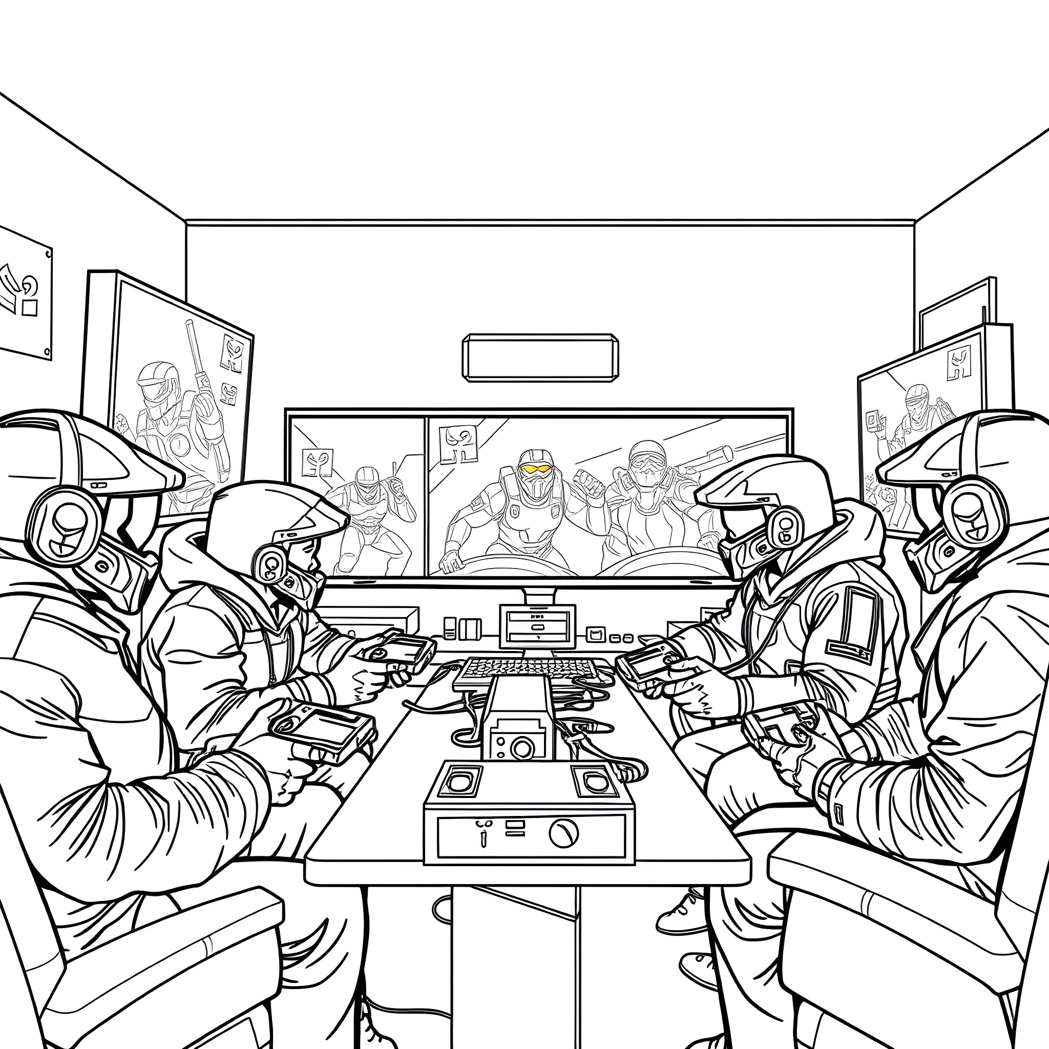Wu-Tang Clan Members Gathering for an Intense Gaming Session Coloring Page (free black-and-white line drawing printable PDF for all, from beginners to advanced learners, including children, teens, adults, and seniors)