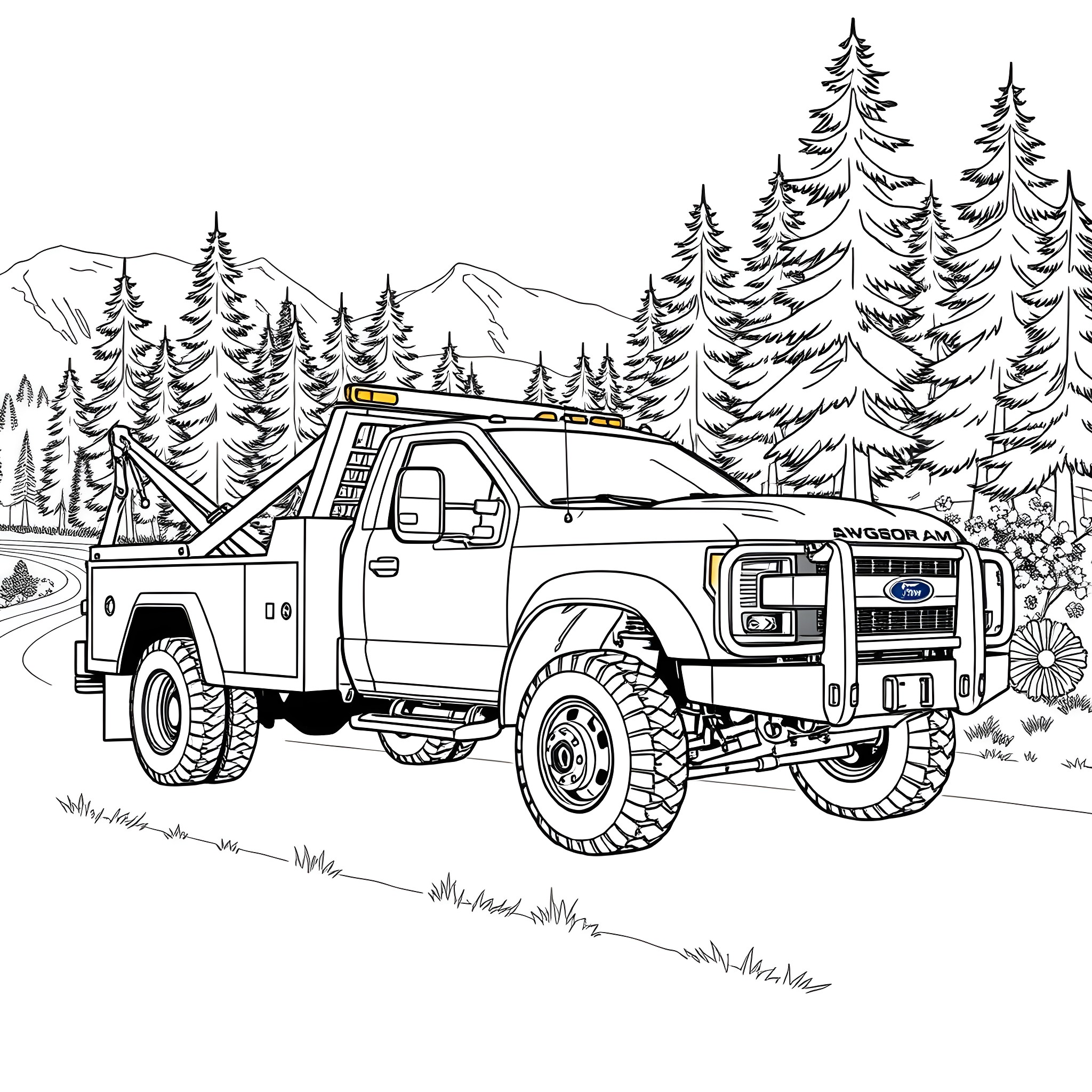 Wrecker truck in the wilderness Coloring Page (free black-and-white line drawing printable PDF for all, from beginners to advanced learners, including children, teens, adults, and seniors)