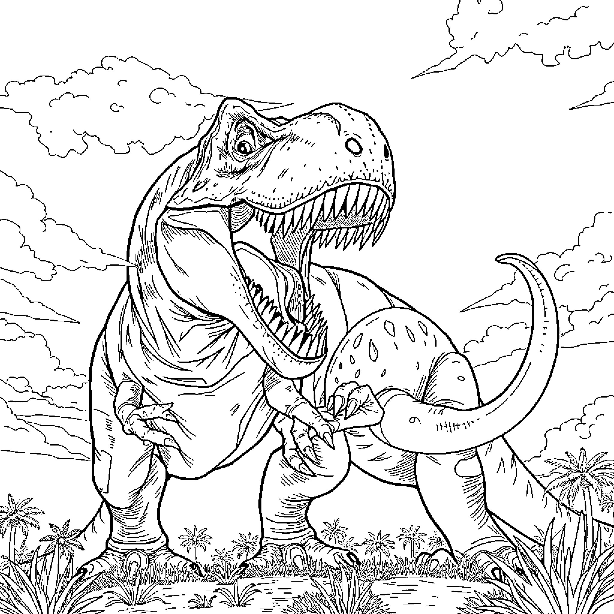 T-Rex Roaring in Prehistoric Landscape Coloring Page (free black-and-white line drawing printable PDF for all, from beginners to advanced learners, including children, teens, adults, and seniors)