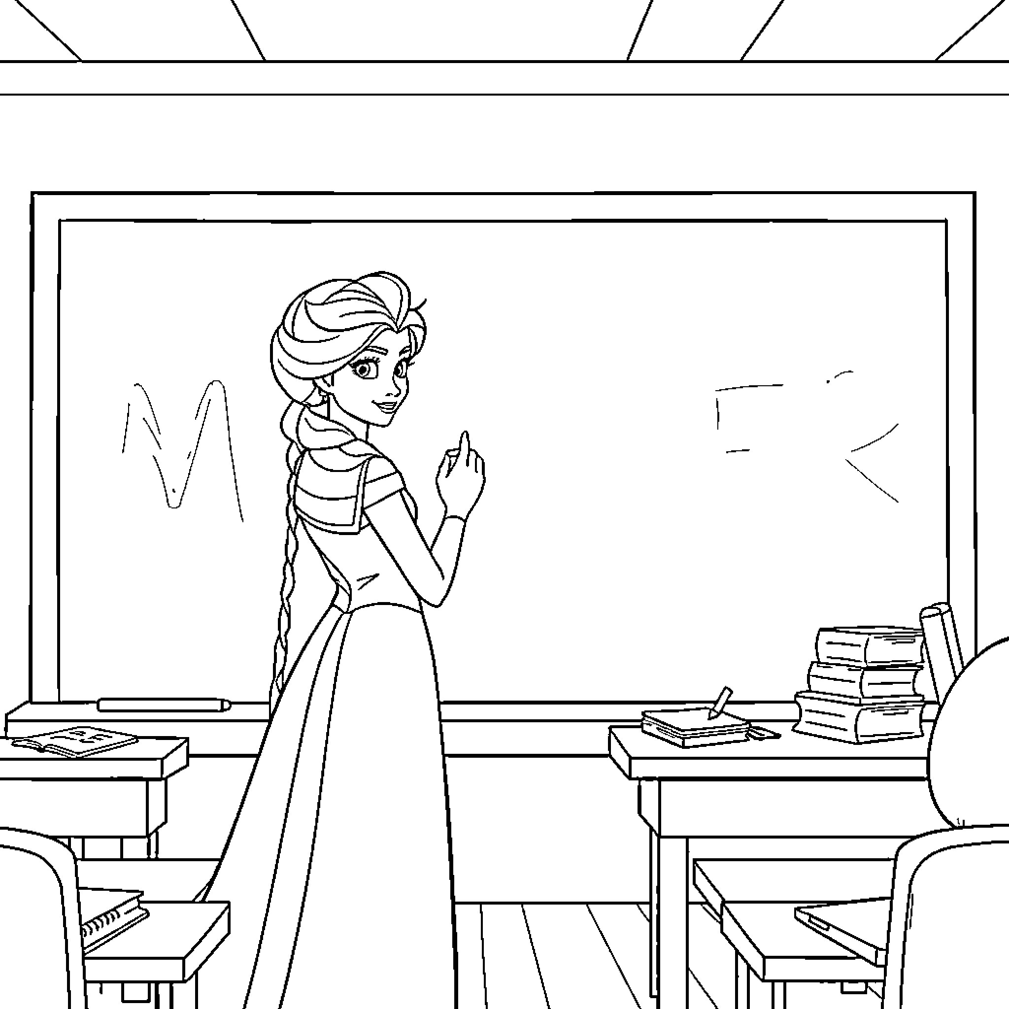 Elsa teaching in the classroom Coloring Page (free black-and-white line drawing printable PDF for all, from beginners to advanced learners, including children, teens, adults, and seniors)