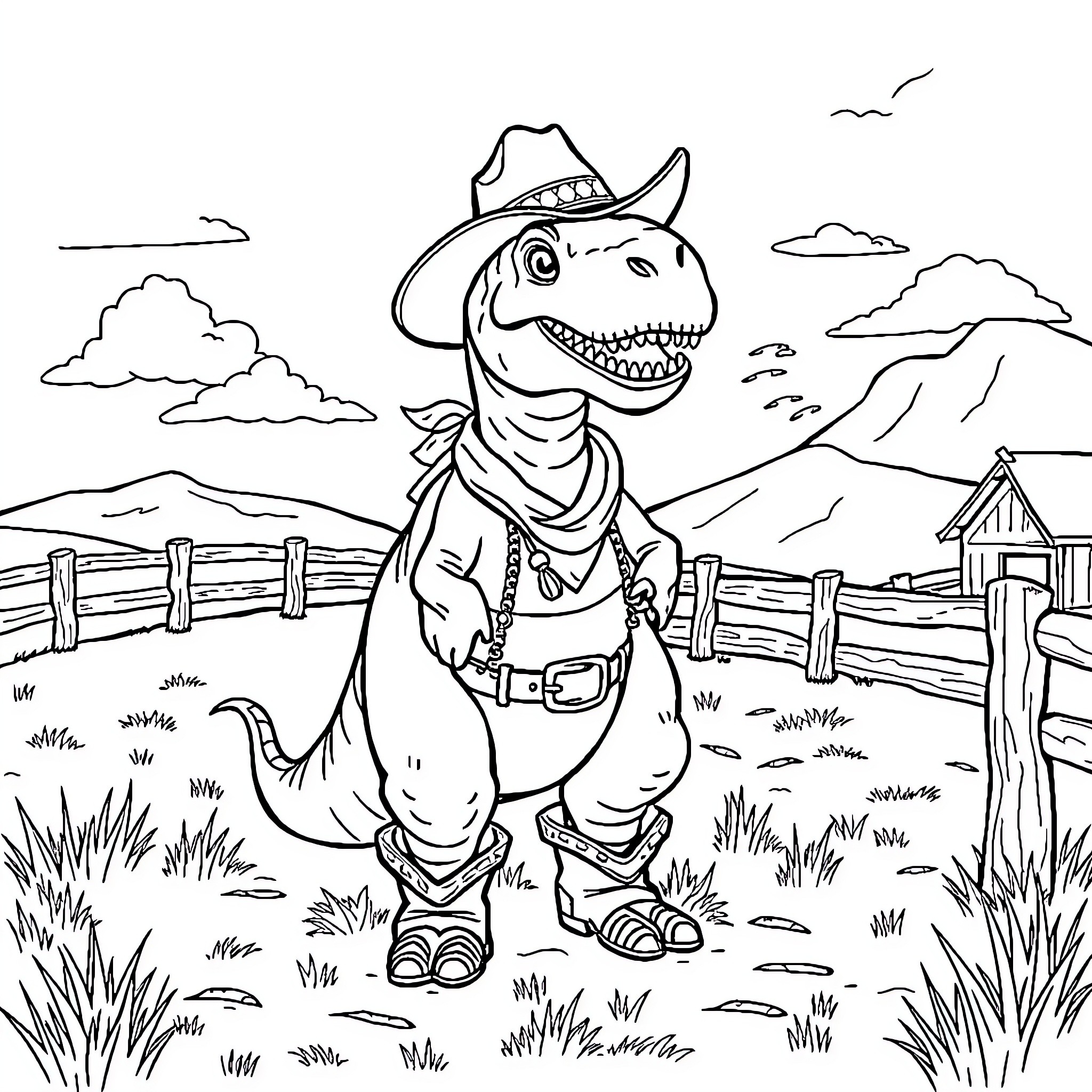 Dinosaur in cowboy outfit walking through the countryside Coloring Page (free black-and-white line drawing printable PDF for all, from beginners to advanced learners, including children, teens, adults, and seniors)