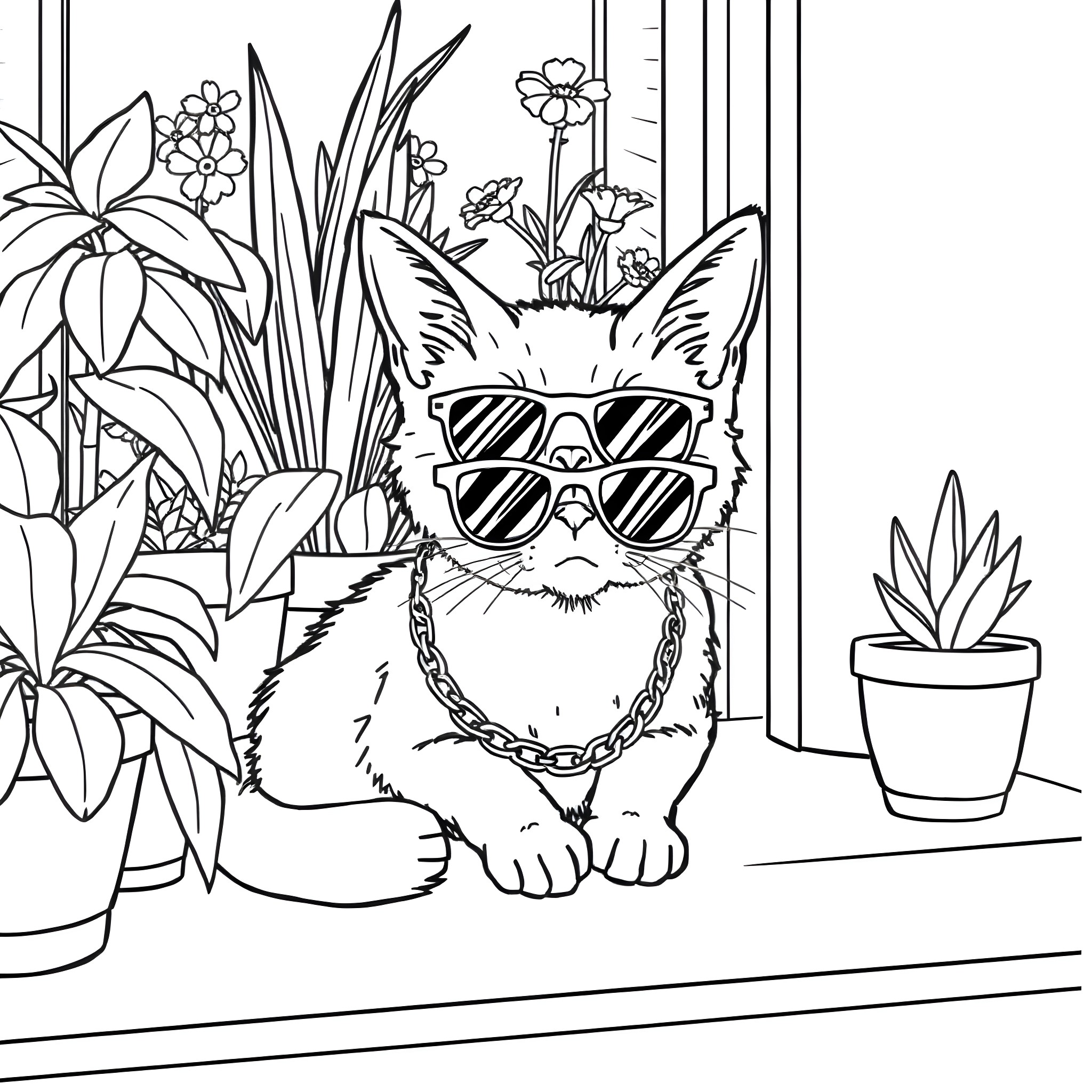Cat wearing sunglasses in a lush garden Coloring Page (free black-and-white line drawing printable PDF for all, from beginners to advanced learners, including children, teens, adults, and seniors)